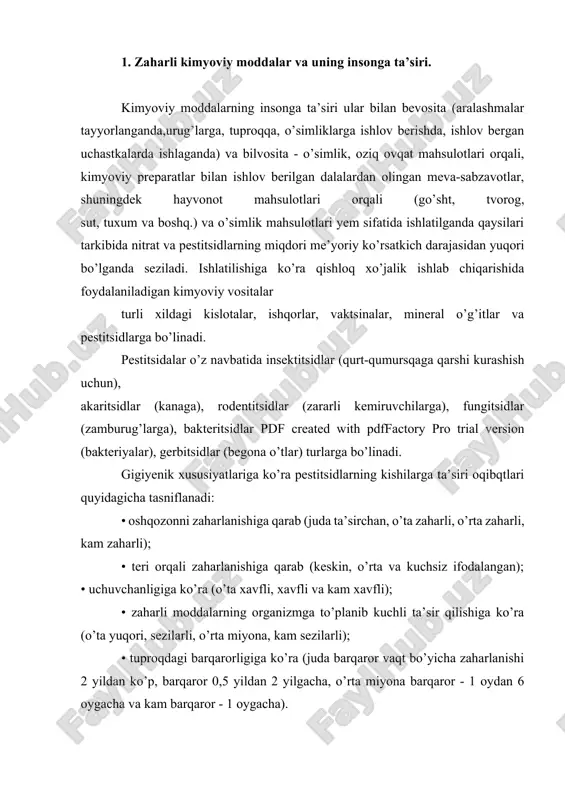a yuqori, sezilarli, o’rta miyona, kam sezilarli); • tuproqdagi barqarorligiga ko’ra (juda barqaror vaqt bo’yicha zaharlanishi 2 yildan ko’p, barqaror 0,5 yildan 2 yilgacha, o’rta miyona barqaror - 1 oydan 6 oygacha va kam barqaror - 1 oygacha). pestitsidlar va mineral o’g’itlar bilan zaharlanishni oldini olishdagi (profilaktika qilish) asosiy usullari: ular bilan ishlaganda me’yor, mehnat muhofazasi bo’yicha qoida va qo’llanmalarga rioya qilish. ishchilar shaxsiy va kollektiv himoyalanish vositalarini ishlatish, agrotexnikaga, ekinlarga qayta ishlov berish va kimyoviy preparatlarni sarf qilish miqdoriga qat’iy rioya qilish, kimyoviy ishlovlarni yashash joylaridan, molxonalardan, suv havzalaridan kerakli uzoqlikda olib borish, ruxsat etilgan shamol tezligida, hosilni terib olishgacha ekinlarga berilgan oxirgi kimyoviy ishlov muddatini saqlash; o’rganilgan va faqat ruxsat etilgan preparatlardan foydalanish. granullangan pestitsidlardan foydalanish mehnat sharoitlarini yaxshilashda samarali natijalarni bermoqda. 2. gazlar bilan ishlaganda texnika xavfsizlik qoidalari. 1. ish boshlashdan oldin xonani shamollattish lozim. 2. gaz plitasi to’g’ri yoqilishi kerak 3. gaz plitaning konforkalari qizg’ish sariq, …