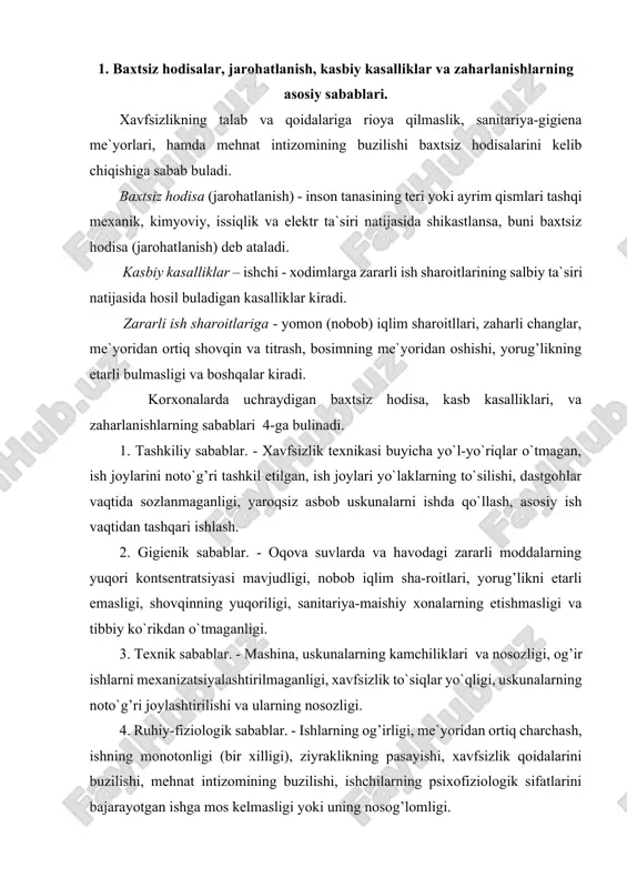 uhiy-fiziologik sabablar. - ishlarning og’irligi, me`yoridan ortiq charchash, ishning monotonligi (bir xilligi), ziyraklikning pasayishi, xavfsizlik qoidalarini buzilishi, mehnat intizomining buzilishi, ishchilarning psixofiziologik sifatlarini bajarayotgan ishga mos kelmasligi yoki uning nosog’lomligi. - korxona rahbarlarining va muhandis - texnik xodimlarning kun tartibidagi asosiy vazifalaridan biri “ma`muriyat mehnatni muhofaza qilishning zamonaviy vositalarini joriy etishlari va ishlab chiqarishda baxtsiz hodisalar hamda kasb kasalliklarini oldini oladigan sanitariya sharotlarini ta`minlashi shart (“mmq to`g’risida”gi qonunning 18-moddasi). vazirlar mahkamasining 1997 yil 6 iyun 286-sonli qarori bilan tasdiqlangan, ”ishlab chiqarishdagi baxtsiz hodisalarni va xodimlar salomatligini boshqa xil zararlanishini tekshirish va hisobga olish to`g’risida” gi nizom qabul qilindi. umumiy qoidalar. vazirlar mahkamasining 1997 yil 6 iyun 286-sonli qarori bilan tasdiqlangan, ”ishlab chiqarishdagi baxtsiz hodisalarni va xodimlar salomatligini boshqa xil zararlanishini tekshirish va hisobga olish to`g’risida” gi nizom qabul qilindi. 1.ushbu nizom o`zbekiston davlati hududida mulkchilikning barcha shakllaridagi korxonalar, shuningdek, mehnat shartnomasi buyicha ishlayotgan ayrim fuqarolarda mehnat faoliyati bilan bog’liq holda …