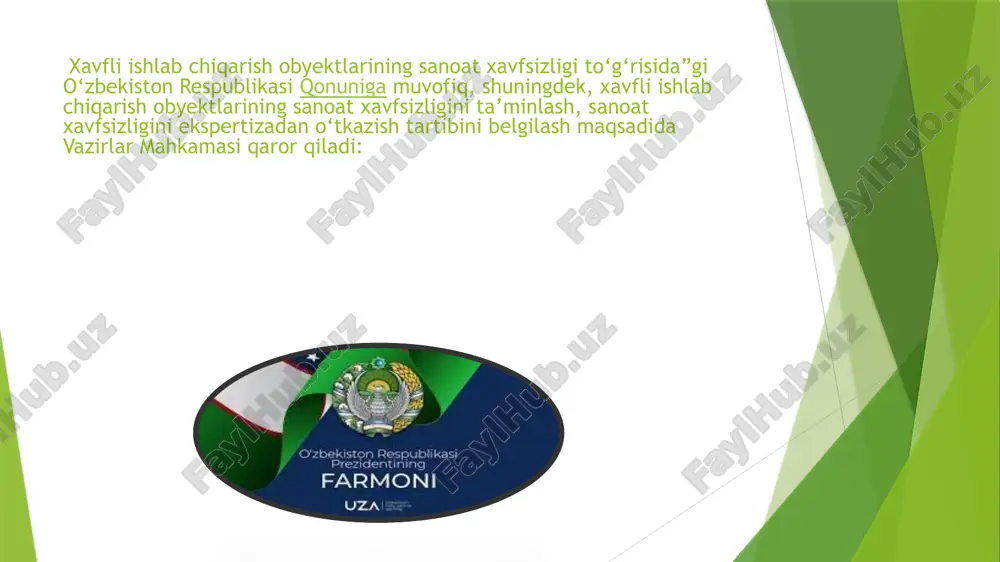 ohasidagi maxsus vakolatli davlat organi (keyingi o‘rinlarda vakolatli organ deb ataladi) — qonun hujjatlariga muvofiq sanoat xavfsizligi sohasini tartibga solish vakolati berilgan davlat boshqaruvi organi; binolar va inshootlarning texnik holatini tekshirish (keyingi o‘rinlarda tekshirish deb ataladi) — tekshiriladigan obyektning ishga layoqatliligini ifoda etadigan va undan keyinchalik foydalanish, rekonstruksiya qilish imkoniyatini yoki poydevor tuprog‘ini va qurilish konstruksiyalarini tuproq xususiyatlarining o‘zgarishi, tayanch konstruksiyalarning deformatsion shikastlanishi, nuqsonlarini hamda haqiqiy ko‘tarish qobiliyatini aniqlash yuzasidan tekshirishni o‘z ichiga oladigan qayta tiklash, kuchaytirish, ta’mirlash zaruratini belgilaydigan nazorat parametrlarining ahamiyatini belgilash hamda baholash kompleks tadbirlar; texnik diagnostika — xavfli ishlab chiqarish obyektidagi texnik qurilmalar, binolar va inshootlar parametrlari rad etilishi mumkinligini prognoz qilish uchun ularning texnik holatini ifoda etuvchi belgilarni aniqlash va o‘rganish, shuningdek, normal ish rejimi buzilishining o‘z vaqtida oldini olish maqsadida ularning holatini eksperimental aniqlash uslublari hamda vositalarini ishlab chiqish; sanoat xavfsizligi sohasidagi ekspert (keyingi o‘rinlarda ekspert deb ataladi) — ekspertizani amalga oshiruvchi attestatsiyadan o‘tkazilgan …