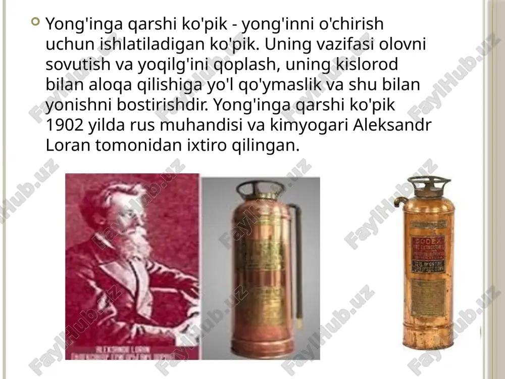 di. kimyoviy ko'pik - bu yog' yoki suvdan ko'ra pastroq zichlikka ega bo'lgan karbonat angidridni o'z ichiga olgan kichik pufakchalarning barqaror eritmasi va tekis yuzalarni qoplash uchun chidamlilikni namoyish etadi. yonayotgan suyuqlikdan yengilroq bo'lgani uchun u suyuqlik yuzasida erkin oqadi va yong'inni bo'g'ish (kislorodni olib tashlash / oldini olish) harakati bilan o'chiradi. kimyoviy ko'pik bugungi kunda eskirgan deb hisoblanadi, chunki kichik yong'inlar uchun ham ko'plab kukunli idishlar talab qilinadi. 1940-yillarda persi lavon julian aerofoam deb nomlangan takomillashtirilgan ko'pik turini ishlab chiqdi. mexanik ta'sirdan foydalangan holda, soya oqsilidan tayyorlangan suyuq oqsilga asoslangan konsentrat suv bilan proporsioner yoki shamollatuvchi nozulda aralashtirilib, erkin oqim bilan havo pufakchalarini hosil qildi. uning kengayish nisbati va ishlov berish qulayligi uni mashhur qildi. protein ko'piklari ba'zi yonuvchan suyuqliklar bilan oson ifloslangan, shuning uchun ko'pik faqat yonib turgan suyuqlik ustida qo'llanilishi uchun ehtiyot bo'lish kerak. proteinli ko'pik sekin urib tushirish xususiyatlariga ega, ammo u yong'indan keyingi xavfsizlik uchun …
