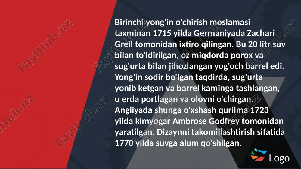 alarni aralashtirishga asoslangan edi, buning natijasida issiqlik intensiv ravishda ajralib, suvni bug'ga aylantirdi. bug 'o't o'chirgichning yuqori qismidagi purkagich orqali etkazib berildi. afsuski, janob philips ixtiro qilingan qurilmaning samaradorligini isbotlay olmadi, amerika qo'shma shtatlarida ikkita sinov muvaffaqiyatsiz tugadi va kinoya bilan flibs zavodi yong'in natijasida vayron bo'ldi. philips fire annihilator yong'inga qarshi qurilma add your title here doktor fransua karlier 1866 yilda "l'extincteur" o't o'chirgichi uchun patent oldi, uning ishlash printsipi kislotadan foydalanishga asoslangan edi. tarixda birinchi marta yong'in o'chirish moslamasi idish ichidagi yong'in o'chirish vositasini chiqarish uchun kerakli bosimni olishga imkon berdi. "tartarik kislota" va natriy karbonat (soda) o'rtasidagi reaktsiya katta miqdorda karbonat angidrid (co2) ishlab chiqardi, bu yong'in o'chirgichining tarkibini chiqarib yubordi. qurilma 1872 yilda tartarik kislotani arzonroq sulfat kislota bilan almashtirgan glazgolik uilyam dik tomonidan takomillashtirildi va yana patentlandi. 1871 yilda "harden grenade no. 1" amerika qo'shma shtatlarida chikagolik genri harden tomonidan patentlangan. bu olov manbasiga tashlash …