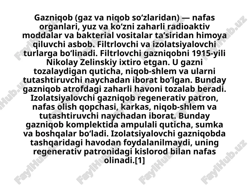 alar) va uglerodli filtrli (zaharli bug'lar / gazlar), shuningdek, moslashuvchan gofrirovka qilingan shlang bilan bog'langan ko'zoynakli yuz niqobiga ega bo'lgan filtr blokini nazarda tutadi. yetkazib berish doirasiga odatda ko'zoynaklar tumanlanishiga qarshi qalamlar va plyonkalar, sovuq havodan izolyatsiya qiluvchi manjetlar va yukxalta yukxalta kiradi. izolyatsiya (ip, rp) - odam tashqi ifloslangan muhitdan butunlay ajratilgan va maxsus kartridjda qayta tiklanadigan siqilgan kislorod aralashmasidan nafas oladigan asboblar. ular kislorod etishmasligi, kuchli yoki noma'lum uchuvchi moddalarning kontsentratsiyasi mavjud bo'lganda ko'p qirrali va samaralidir, lekin ular 5 soatdan oshmasligi mumkin (kislorod ta'minoti tugamaguncha). e'tiboringiz uchun rahmat! image1.jpeg image2.jpeg image3.jpeg