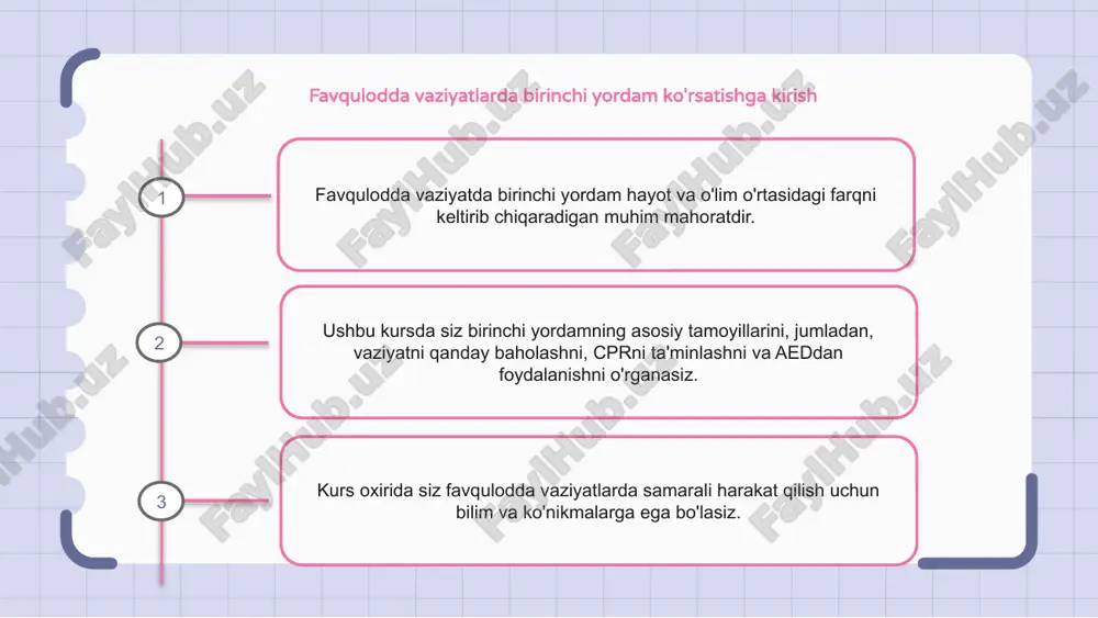 tirgan muhim birinchi yordam usuli. hayotni qo'llab-quvvatlashning asosiy usullari insonning sezgirligini baholashni, shoshilinch tibbiy yordamni chaqirishni va kerak bo'lganda ko'krak qafasini siqish va qutqaruv nafasini ta'minlashni o'z ichiga oladi. qon ketish va yaralarni parvarish qilish bilan shug'ullanish favqulodda vaziyatda, qon ketishi va jarohatni davolash bilan qanday kurashish kerakligini bilish kerak bo'lgan muhim mahoratdir. qon ketishini nazorat qilish uchun toza mato yoki bint yordamida yaraga to'g'ridan-to'g'ri bosim o'tkazing. qon ketishi nazorat ostida bo'lgach, yarani sovun va suv bilan tozalang va antiseptik malhamni qo'llang. singan va burilishlarni boshqarish favqulodda vaziyatda sinish va burilishlarni davolashda jarohatni baholash va darhol birinchi yordam ko'rsatish muhimdir. singanlar uchun tibbiy yordamga murojaat qilishdan oldin zararlangan hududni shina yoki vaqtinchalik tayanch bilan immobilizatsiya qiling. buzilishlar uchun shishishni kamaytirish uchun muz va siqishni qo'llang, og'riq va qo'shimcha zararni kamaytirish uchun shikastlangan oyoq-qo'lni ko'taring. 1 2 3 kuyish va kuyishlarni davolash kuyishlar va kuyishlar bo'lsa, birinchi qadam zararlangan hududni zudlik …