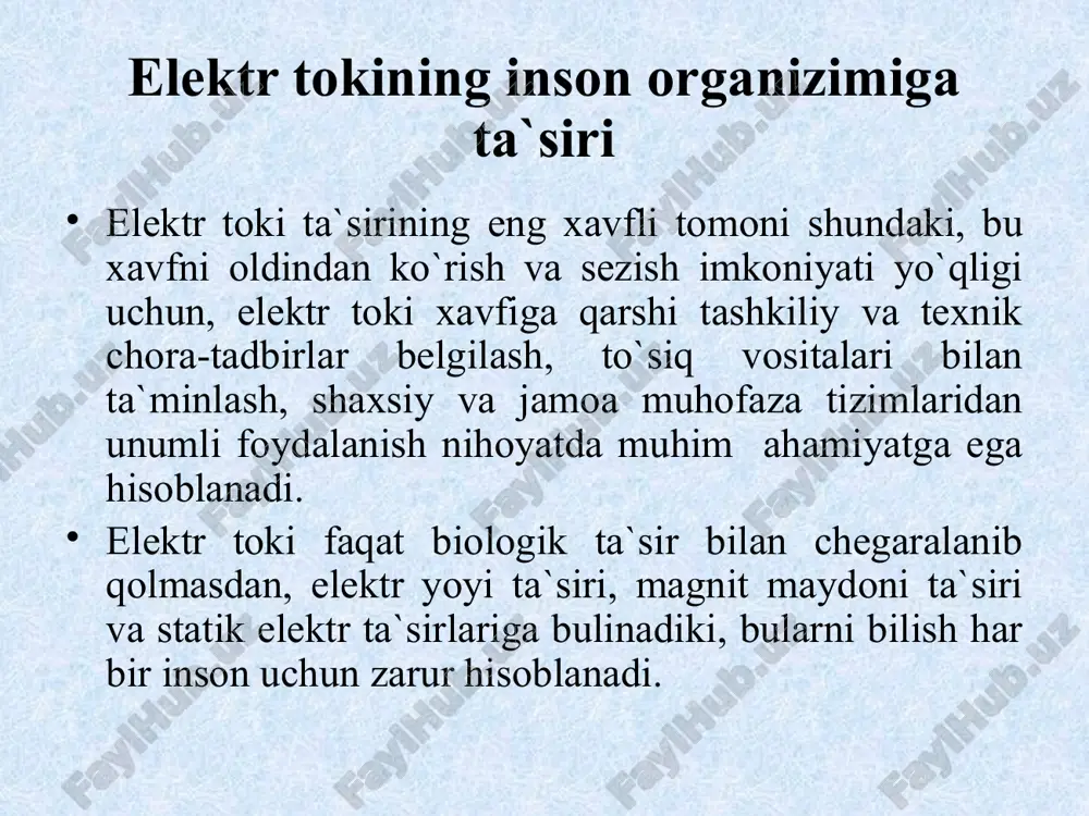 gruppaga bulib qarash mumkin. mahalliy elektr tasiri va tok urishi a) mahalliy elektrik ta`siri natijasida -kuyib qolish, organizm bilan elektr o`tkazgichi o`rtasida vol’ta yoyi hosil bulganda sodir buladi. -elektr belgilari hosil bulishi - terining ustki qismida aniq kulrang yoki och-sarg’ish rangli 1-5 mm belgi paydo bulishidir. -terining metallashib qolishi - bu holat ham elektr yoyi hosil bulganda ro`y beradi. elektr tokining inson organizimiga ta`siri b) tok urishi - to`rt darajaga bo`lib qaraladi: -muskullar keskin qisqarishi natijasida odam tok ta`siridan chiqib ketadi va hushini yo`qotmaydi (0,6 – 1,5ma). -muskullar keskin qisqarishi natijasida odam hushini yo`qotadi, ammo yurak va nafas olish faoliyati ishlab turadi (10 – 15ma). -odam hushini yo`qotib, nafas olish tizimi yoki yurak urishi to`xtab qoladi (25 – 50ma). -klinik o`lim holati, bunda insonda hech qanday hayot alomati ko`rinmay qoladi (100ma). klinik o`lim - bu hayot bilan o`lim oralig’i bo`lib, inson ma`lum vaqtgacha ichki imkoniyatlar hisobiga yashab, bu holat 5-8 …
