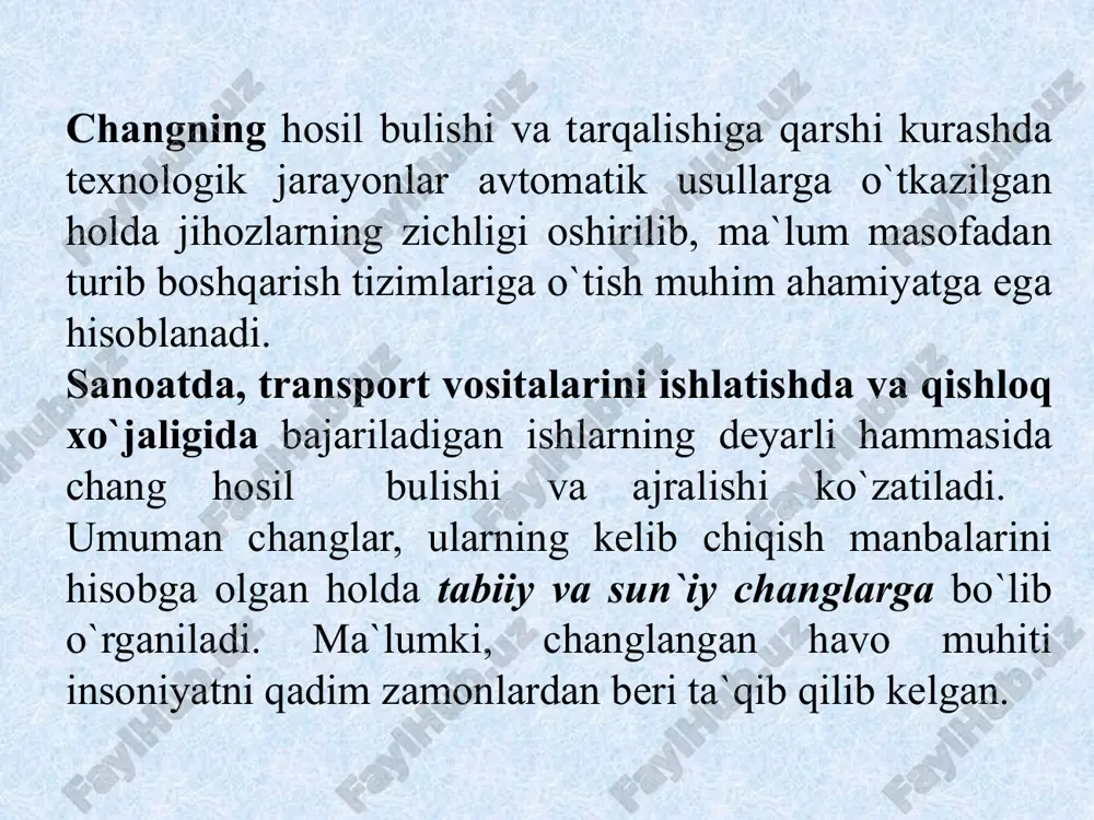 manbalarda avtomobil vositalaridan ajralgan tutunlarni ham kiritib 30000) har xil kattalikdagi chang zarralari bulishi aniqlangan. dalalar va bog’larda bu miqdor o`n marta kamayadi, tog’li hududlarda esa undan ham kamroq chang zarralari buladi. sun`iy changlar: sanoat korxonalarida va qurilishlarda insonning bevosita yoki bilvosita ta`siri natijasida hosil buladi. masalan, mashinasozlik sanoatida cho`yan ishlab chiqaruvchi domna va marten pechlarida va hamda tosh tsexlarida, issiqlik elektrostantsiyalarida yoqilgan ko`mirning ma`lum qismi kul va tutun sifatida atmosferaga chiqarib yuboriladi. qurilish ishlarida er qazish, portlatish, tsement ishlab chiqarish, shuningdek tog’lardan ma`danlarni qazib olish va boshqa juda ko`p ishlarda ko`plab miqdorda chang ajraladiki, bu changlarni atrof-muhitga chiqarib yuborish tabiatga haloqatli ta`sir ko`rsatishi mumkin. sanoatning ba`zi bir tarmoqlarida, masalan, kimyo sanoatida shunday havfli sanoat changlari ajraladiki, ularni tozalamasdan chiqarib yuborish fojiali holatlarni vujudga keltiradi. kelib chiqishi buyicha organik, mineral va aralashma changlar mavjud. changning zararli ta`sirining tavsifi asosan uning kimyoviy tarkibiga bog’liq. changning kattaligi (ya`ni dispers tarkibi) buyicha uch …