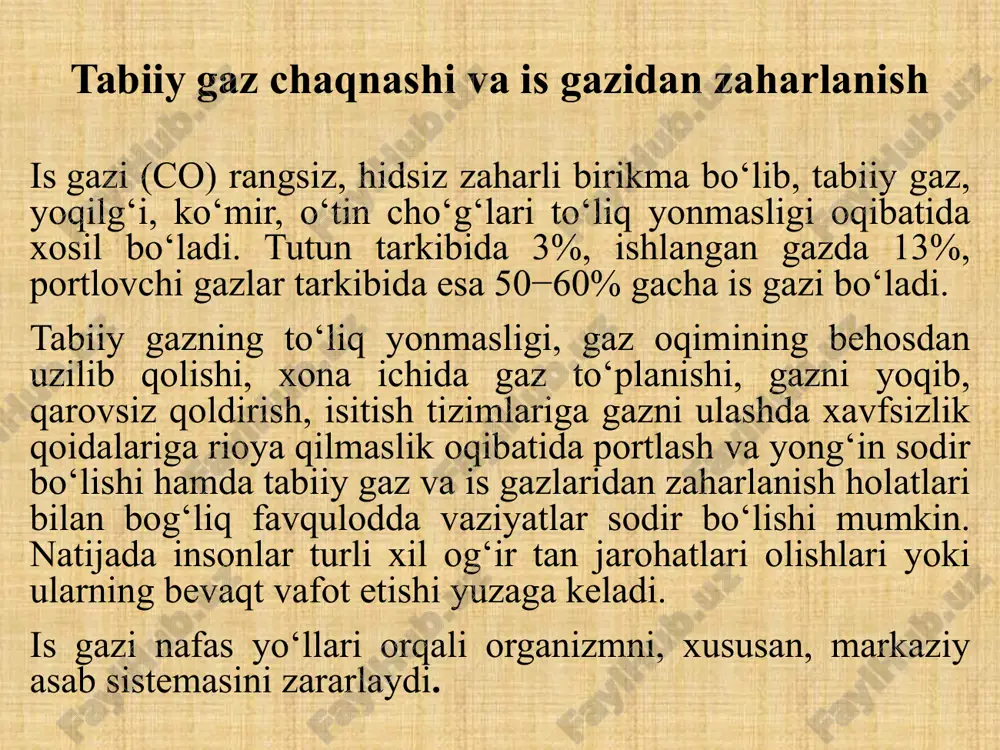 yalgan, shamollatilmaydigan xonalarda, shuningdek, uy sharoitlarida tabiiy gaz yonib turganda va pechka bilan isitiladigan uylarda va pechka qopqog‘i o‘z vaqtida yopilmaganda zaharlanib qolish mumkin. is gazidan zaharlanish uning havodagi konsentratsiyasi va ta’sir muddatiga bog‘liq bo‘ladi. zaharlanish engil, o‘rta va og‘ir darajalarda bo‘ladi, yengil turdagi zaharlanishda bosh qattıq og’ıradı, bosh aylanadı, quloqlar shang’illaydi, kongil aynıydı, qusısh va o’zini yoqatishi múmkin. o’rtacha turdagi zaharlanishda mushaklar holsizlanadi, nafas olıshı qıyınlashadı, pulsning urıshı tezlashadi, arteriya qon bosımı pasayadi, kongil aynıydı, aqıl hushi pasayadi, uyqusı keladi. yuziga sepkil doqlar paydo boladı. og’ır túrdagi zaharlanishda odam o’zini yoqatadı.oyoqları kokarib va oqarib, yuzida sepkil doqlar paydo boladı. pulsning urıshı tezlashadi, arteriya qon basımı pasayadi, nafas olishi qıyınlashadı va mushaklar boshashadı, nafas olish toqtaydı va odam nobut boladı. is gazining havodagı o’limga olib keladigan kontsentratsiyası 0,08% tashkil qiladi. birinchi yordam ko‘rsatish uchun, avvalo, zaharlangan kishini zudlik bilan toza havoga olib chiqish zarur. yuzaki nafas olishda yoki nafas olish …