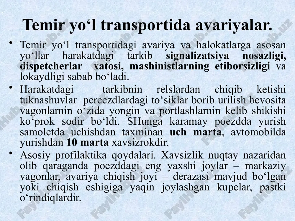 sangiz yoki tutun paydo bo‘lsa, zudlik bilan vagon kuzatuvchisiga murojaat qiling. avtomobil transportidagi avariyalar. avtomobil transportidagi avariyalarning 75 foizga yaqini haydovchilarning yo‘l xarakati qoidalarini qo‘pol buzishi oqibatida kelib chiqadi. tezlikni oshirish, yo‘l belgilariga e’tiborsiz bo‘lish, qarama-qarshi yo‘lakka o‘tib olish va avtomobilni mast xolda boshqarish har doimgidek qoidabuzarlikning yanada xavfli ko‘rinishi bo‘lib qolmaqda. avariyalarga ko‘pincha yo‘llarning yaroqsiz holga kelishi (asosan sirpanchiq), mashinalarning nosozligi (birinchi o‘rinda tormoz, ikkinchi o‘rinda rul boshqaruvi, uchinchisi, g‘ildirak va shinalar) sabab bo‘ladi. avtomobil avariyalarida jarohatlanganlarning 80 foizi ko‘p qon yo‘qotish oqibatida dastlabki uch soatda halok bo‘ladi. avariyadan so‘ng qanday xarakat qilish kerak avtomobilning qayerida va qanday holatida ekanligingizni, avtomobil yonmayotganligini, benzin oqmayotganligini (ayniqsa, ag‘darilib ketishda) aniqlab oling. agar eshiklar qisilib qolgan bo‘lsa, salonni deraza orqali tark eting. mashinadan chiqqandan sung undan iloji boricha uzoqroqqa qoching – portlash ehtimoli mavjud. avtomobil suvga qulaganda nima qilish kerak avtomobil suvga qulagach, ma’lum vaqt suvda qalqib turadi, bu muddat esa mashinani …