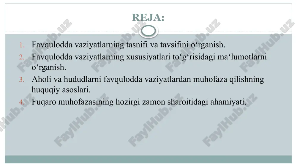 hududi bilan chegaralanadi. bunday vaziyat natijasida 10 dan ortiq boʻlmagan odam jabrlangan yoki 100 dan ortiq boʻlmagan odamning hayot faoliyati sharoitlari buzilgan yoxud moddiy zarar favqulodda vaziyat paydo boʻlgan kunda eng kam oylik ish haqi miqdorining 1 ming baravaridan ortiq boʻlmagan miqdorni tashkil etgan hisoblanadi. bunday fv oqibatlari shu obyekt kuchi va resurslari bilan tugatiladi mahalliy tavsifdagi favqulodda vaziyat -aholi yashaydigan xudud (aholi punkti, shahar, tuman, viloyat) bilan chegaralanadi. bunday vaziyat natijasida 10 dan ortiq, biroq 500 dan kam boʻlmagan odamning hayot faoliyati sharoitlari buzilgan yoxud moddiy zarar yetgani bilan yuzaga keladi. respublika (milliy) tavsifdagi favqulodda vaziyat deyilganda - favqulodda vaziyat natijasida 500 dan ortiq odamning hayot faoliyati sharoitlari buzilgan yoxud moddiy zarar fv paydo boʻlgan kunda eng kam oylik ish haqi miqdorining 0,5 million baravaridan ortigʻini tashkil etadigan hamda fv viloyat chegarasidan tashqariga chiqadigan, respublika miqyosida tarqalishi mumkin boʻlgan fv tushuniladi. 1.3. favqulodda vaziyatlar kelib chiqish manbasiga koʻra quyidagicha …