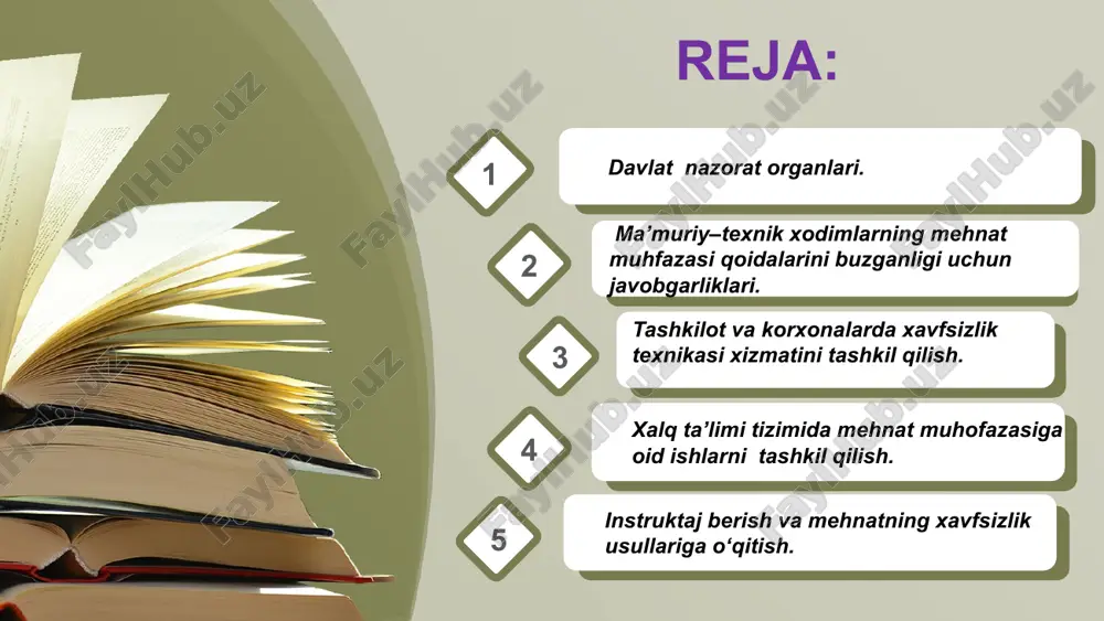 ehnat sharoitini yaratib berishga qaratilgan. bundan tashqari, mehnat muhofazasiga mehnat huquqi institutining asosiy printsiplaridan biri, ya`ni mehnat muhofazasini ta`minlash printsipi, shuningdek xodimning mehnat muhofazasiga bo`lgan sub`ektiv huquqi sifatida qaraladi. bu erda xodimning xavfsiz va sog`lom mehnat sharoitlariga ega bo`lish, uni ta`minlashni esa ish beruvchida talab qilish imkoniyatlari nazarda tutiladi. ma`lumki, mehnatni muhofaza qilish borasida o`zbekiston respublikasining “fuqarolar sog`lig`ini saqlash to`g`risida”gi qonuni ham muhim ahamiyatga ega bo`lib, uning asosiy vazifasi: fuqarolarning sog`liqni saqlashga doir huquqlari davlat tomonidan kafolatlanishishini ta`minlash; fuqarolarning sog`lom turmush tarzini shakllantirish; davlat organlari, korxonalar. muassasalar, tashkilotlar, jamoat birlashlarining fuqarolar sog`liqini saqlash sohasidagi faoliyatini huquqiy jihatdan tartibga solishdan iboratdir. shu bilan birga boshqa qonun hujjatlari, o`zbekiston respublikasi prezidentining farmonlari, qarorlari, farmoyishlari, tegishli normativ-huquqiy hujjatlari, o`zbekiston respublikasi mehnat va aholini ijtimoiy muhofaza qilish vazirligi tomonidan qabul qilingan qarorlar, davlat organlari hujjatlari, jamoa shartnomalari, kelishuvlari tadbiq etiladi. 1) mehnatkashlarning hayoti va sog‘ligini muhofaza qilish o‘zbekiston respublikasining konstitutsiyasi, davlatimizning mehnat to‘g‘risidagi qonunlar …