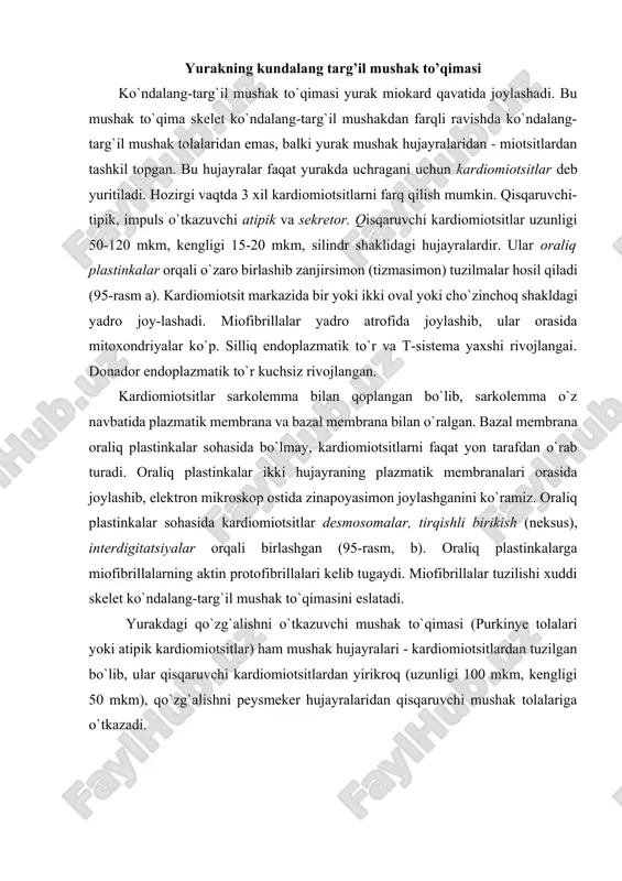 i kardiomiotsitlardan yirikroq (uzunligi 100 mkm, kengligi 50 mkm), qo`zg`alishni peysmeker hujayralaridan qisqaruvchi mushak tolalariga o`tkazadi. 95-rasm- a. yurak mushak to`qimasining tuzilish sxemasi. 1 - kardiomiotsit hujayralari orasidagi biriktiruvchi to`qima; 2 - mayda qon tomirlar; 3 - yadro- 4 - oraliq plastinkalar; 5 - miofibrillalarning kundalang kesimi, 6 - atipik mushak hujayralari; 7 - kardiomiotsit. b,v- yonma-yon joylashgan kardiomiotsitlarning tuzilishi (sxema). 1 - mitoxondriya; 2-triada (uchlik), 3 - oraliq plastinka: 4 - desmosoma: 5-miofibrillalarning plazmolemmaga birikishi; 6 - tirqishli birikish . peysmeker (ritm boshqaruvchi) hujayralar atipik mushakning alohida turi bo`lib, u vegetativ nerv sistemasining tolalari bilan innervatsiya qilingan. gistologik preparatlarda atipik hujayralar kuchsiz bo`yaladi. chunki bu hujayralarda mioglobin va miofibrillalar kamroq, sarkoplazma esa ko`proqdir. miofibrillalar doimo bir-biriga parallel yotmaydi, natijada bu hujayralarda ko`ndalang-targ`illik kuchsizroq rivojlangan. kardiomiotsitlarda mitoxondriyalar (sarkosomalar), ribosomalar ancha kam, t- sistema esa juda kuchsiz rivojlangan. sarkosoma-larning kam bo`lishi moddalarni aerob parchalanishi sust ketishini ko`rsatuvchi dalilidir. so`nggi vaqtlarda yurakning …