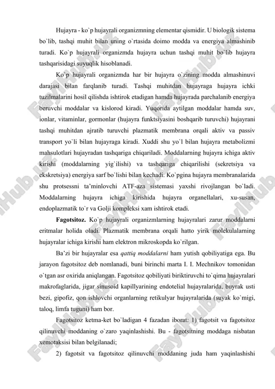 uguni) ham bor. fagotsitoz ketma-ket bo`ladigan 4 fazadan iborat: 1) fagotsit va fagotsitoz qilinuvchi moddaning o`zaro yaqinlashishi. bu - fagotsitning moddaga nisbatan xemotaksisi bilan belgilanadi; 2) fagotsit va fagotsitoz qilinuvchi moddaning juda ham yaqinlashishi (atraksiya davri); 3) moddaning yutilishi; 4) hazm qilinishi. moddalarning fagotsitoz qilinishi fagotsit plazmatik membranasining invaginatsiyasi orqali ro`y beradi. yutilgan moddalar gidrolitik fermentlarga boy lizosomalarda parchalanadi. pinotsitoz. qattiq moddalarni fagotsitoz qilishdan tashqari hujayra suyuq moddalarni ham yutishi mumkin. bu jarayonni birinchi marta lyuis kuzatgan (29-rasm). elektron mikroskopda oxirgi yillarda olib borilgan tekshirishlar pinotsitoz jarayonida hujayra plazmatik membranasining ahamiyati kattaligini ko`rsatdi. suyuqlik tomchisi hujayra membranasining bir qismi bilan o`ralib, sitoplazmaga o`tadi va u yerda hujayra qobig`idan ajraladi. shunday qilib, pinotsitoz pufakcha devori plazmatik membranadan tashkil topgan. pinotsitoz mexanizmi quyidagi fazalarni o`z ichiga oladi: 1) tashqi sitoplazmatik membrana invaginatsiyasining hosil bo`lishi; 2) shu invaginatsiyalarga suyuqlik tomchisining yutilishi; 3) pufakchalarning sitoplazma ichiga o`tishi hamda sitoplazmatik vakuolalarning hosil bo`lishi. pinotsitozga yaqin …