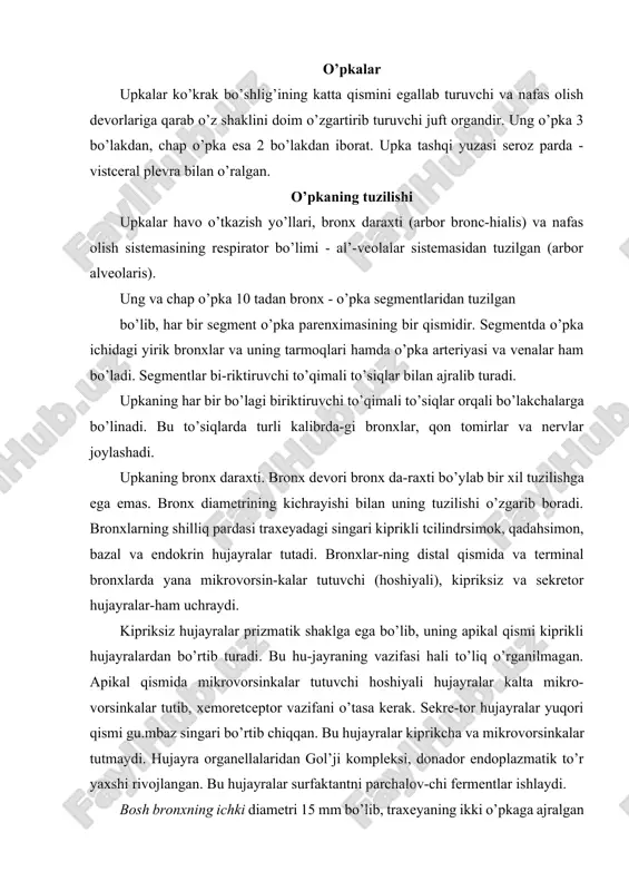 ktantni parchalov-chi fermentlar ishlaydi. bosh bronxning ichki diametri 15 mm bo’lib, traxeyaning ikki o’pkaga ajralgan qismidan boshlanadi va tuzilishi traxeya tuzi-lishini eslatadi. ammo traxeya tuzilishidan farqli ravishda, uning tog’ay halqalari yaxlit halqa shaklida tuzilgan. bu esa bronx diametrining barqarorligini ta’minlaydi va havoni bemalol o’tkazadi. ikkinchi tartibdagi bronxlar bo’lak va segmentlar ichida bo’-lib, ularning diametri 5 mm dan 10 mm gacha bo’ladi. ularning devori ham traxeya singari 4 pardadan tuzilgan. bu bronxlar-ningshilliq pardasi ko’p miqdorda qadahsimon hujayralar tutuv-chi bir qavatli ko’p qatorli tcilindrsimon kiprikli epiteliy bilan qoplangan (157-rasm). epiteliy ostida shilliq pardaning xususiy qavati joylashib, u elastik tolalarga boy siyrak to-lali shakllanmagan biriktiruvchi to’qimadan iborat. shilliq va shilliq osti pardalari chegarasida shilliq pardaning mushak plastinkasi joylashadi. bu plastinka o’z navbatida 2 ta yupqa pardalardan: ichki aylana joylashgan silliq mushak hujayra-laridan, tashqi uncha rivojlanmagan bo’ylama joylashgan sil-liq i mushak hujayralarining ayrim tutamlaridan tashkil topgan. mushak plastinkadan so’ng, shilliq osti qavati joy-lashib, siyrak …