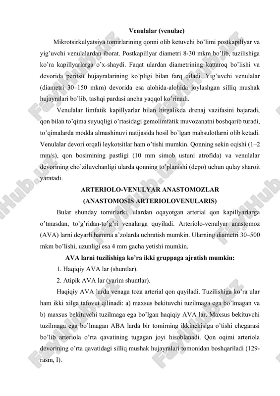 avatidagi silliq mushak hujayralari tomonidan boshqariladi (129-rasm, i). maxsus bekituvchi tuzilmaga ega bo’lgan ava larning ham ikki turi farqlanadi: tutashuvchi arteriya tipidagi ava devorining ichki pardasida bo’ylama yo’nalgan mushak hujayralari yaxshi taraqqiy etgan bo’lib, tomir bo’shlig’iga chiqib turuvchi yostiqchalar yoki burmalar hosil qiladi (129-rasm, ii a). mushak hujayralarining qisqarishi natijasida yostiqchalar tomir bo’shlig`ini berkitib qo’yadi. 129-rasm. arteriolo-venulyar anastomozlar (ava) (yu.i. afanasevdan). i – maxsus bekituvchi tuzilmaga ega bo’lmagan ava. 1 – arteriola; 2 – venula; 3 – anastomoz; 4 – anastomozning silliq mushak hujayralari. ii – maxsus bekituvchi tuzilmaga ega bo’lgan ava: a – tutashuvchi arteriya tipidagi anastomoz; b – epitelioid tipidagi oddiy anastomoz. d – epitelioid tipidagi murakkab (koptokchasimon) anastomoz. 1 – endoteliy; 2 – bo’ylama yo’nalgan silliq mushak hujayralar tutami; 3 – ichki elastic membrana; 4 – arteriola; 5 – venula; 6 - anastomoz; 7 – anastomozning epiteliysimon hujayralari; 8 – biriktiruvchi to’qimadagi gemokapillyarlar. iii – atipik anastomoz. …