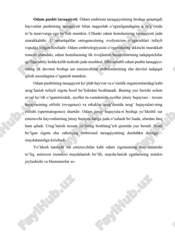 o’ngra mayda, ochroq blastomerlar hosil bo’la boshlaydi. ochroq maida blastomerlar yirik va qoramtir blastomerlar atrofida bir qavat hosil qila boshlaydi, ularni qoplab oladi. qoplovchi may-da oqish blastomerlar - trofoblastlar qavati homilaning ta-raqqiyot jarayonida faqat uni oziqlantirish vazifasini o’taydi. ichky tomonda joylashgan yirik qoramtir blastomerlar to’dasi embrioblastlar ham homilani vujudga keltirishda, hamda pro-vizor organlarning rivojlanishida asos bo’ladi. maydalanish jarayoni juda ssjin boradi. taxmin qilinishi-cha, urug’lanish bo’lib o’tgandan keyin dastlabki 4 kunning har birida maydalanish faqat bir marta bo’ladi. to’rtinchi kunning oxirida homila 8-12 blastomerdan tashkil topadi. homila tuxum yo’lidayoq o’ziga suyuqlik so’rishi tufayli: homila pufakchasi, ya’ni blastotcistaga aylanadi. blastotcistani atrofidan bir qavat trofoblast hujayralari qamrab turadi. ichki bo’shlig’i suyuqliq bilan to’lgan bu pufakchalarning bir qutbiga hujayralar to’plami bo’lmish embrioblast yoki homila tugunchasi birikkan bo’ladi. rivojlanayotgan 4-5 kunlik odam homilasi o’z tuzilishi bi-lan boshqa yo’ldoshli sut emizuvchi hayvonlar blastotcistasini eslatadi. rivojlanishning birinchi haftasi oxirlarida homila tuxum yo’lidagi suyuqlikning oqimi, tuxum yo’li muskullarining …