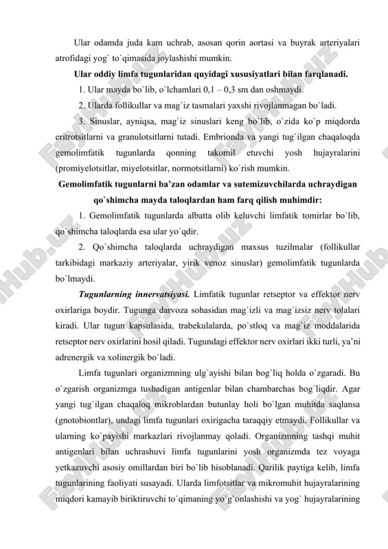 sosiy omillardan biri bo`lib hisoblanadi. qarilik paytiga kelib, limfa tugunlarining faoliyati susayadi. ularda limfotsitlar va mikromuhit hujayralarining miqdori kamayib biriktiruvchi to`qimaning yo`g`onlashishi va yog` hujayralarining ko`payishi kuzatiladi. taloq (splen, lien) taloq immun-himoya sistemasining periferik a’zosi bo`lib, organizmda bir qancha muhim vazifalarni o`taydi. 1. qon yaratuvchi va himoya vazifasi. taloqda t- va v-limfotsitlarning ko`payishi hamda ularning mikromuhit hujayralari bilan hamkorlikdagi faoliyati kuzatiladi. shu tufayli taloq hujayraviy va gumoral immunitetda aktiv ishtirok etadi. bundan tashqari, taloqda yot zarrachalar ushlanib qolib, makrofaglar tomonidan yemiriladi. embrion taraqqiyoti davomida taloqda granulotsitlar, eritrotsitlar va qon plastinkalari ham hosil bo`ladi. ammo bu jarayon homila tug`ilishi paytiga kelib yo`qolib ketadi. 2. taloqda yashash muddatini o`tagan eritrotsitlar va qon plastinkalari yemiriladi. halok bo`lgan eritrotsitlar makrofaglar tomonidan yutilib, ulardagi gemoglobin parchalanadi. natijada, o`zida temir saqlovchi transferrin va bilirubin moddalari hosil bo`ladi. bilirubin qon orqali jigarga borib, u yerda o`t tarkibiga qo`shiladi. transferrin esa suyak ko`migiga kelib, yangi hosil bo`layotgan eritrotsitlarda …