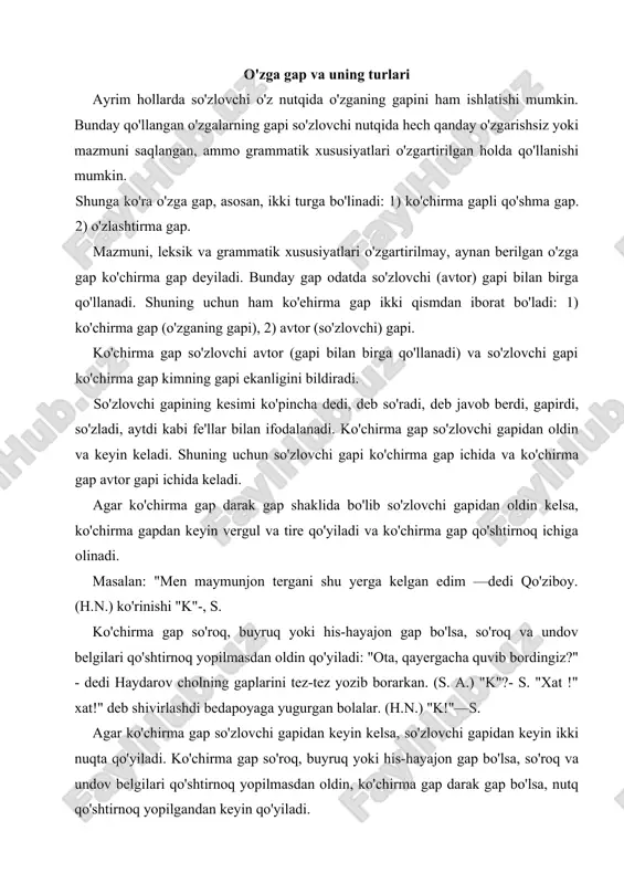 gap bo'lsa, nutq qo'shtirnoq yopilgandan keyin qo'yiladi. dedi: "qaydin sen, ey, majnuni gumroh!" dedi. "majnun vatandin qayda ogoh " s: "k?" s: "k!" s: "k." so'zlovchi gapi ko'chirma gap ichida kelsa, tinish belgilari quyidagicha ishlatiladi: ko'chirma gapning uzilgan qismida vergul, nuqtali vergul, ikki nuqta qo'yilgan bo'lsa yoki hech qanday tinish belgisi bo'lmasa, so'zlovchi gapining har ikki tomonidan vergul va tire qo'yiladi. masalan: kampir ketish uchun eshikka tomon borarkan, aleksey: "rahmat buvijon", -dedi -s: "k". ko'chirma gapning uzilib qolgan qismidan so'ng nuqta qo'yilgan bo'lsa, so'zlovchi gapidan oldin vergul va tire, undan keyin esa nuqta va tire qo'yiladi. ko'chirma gapning davomi bosh harf bilan yoziladi. "mana shu bo'rsiq mirzacho'lda yakkalanib qolgan hayvonlarning eng oxirgisi, - deb ta'kidladi bobom. mening nomimdan hayvonot bog'iga topshirib yubordi. "k, _s. -k" ko'chirma gapning uziligan qismidan so'ng so'roq yoki undov belgisi qo'yilgan bo'lsa, so'zlovchi gapidan oldin tire, undan keyin nuqta va tire qo'yiladi. ko'chirma gapning davomi bosh …