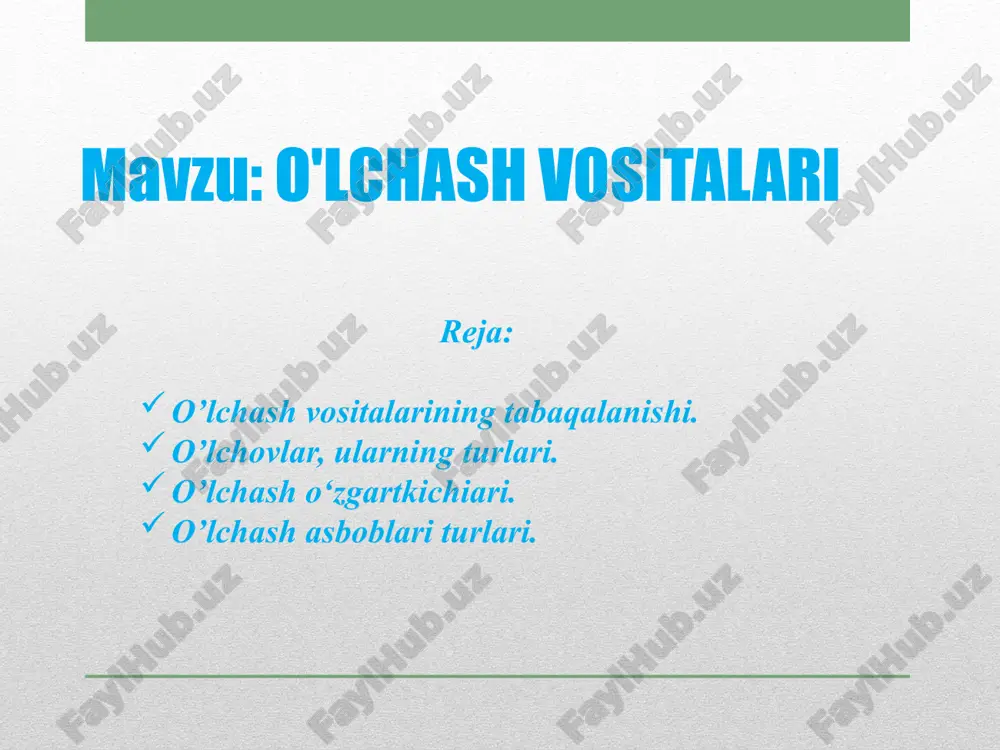 maxsus boshqariladigan ko'p qiymatli olchovlar keng qoilaniladi. bunday o’lchovlar kattalikning talab etiladigan qiymati qo’l bilan boshqariladigan yohud boshqaruvchi blokka mikroprosessor yordamida shakilangan maxsus signal (kod) berilishi bilan hosil qilinadi. bunga misol qilib, avtomatik bosim datchigi, kuchlanish, tok, chastota kalibratorlarini ko’rsatish mumkin standart namuna - modda va materialiarning xossalarini va xususiyatiarini tavsiflovchi kattaiiklar.nl hosil qiiish uchun xizmat qiladigan o’lchov sanaladi. masalan, g‘adir-budurlikning namunalari, namlikning standart namunalari. namunaviy modda esa, muayyan tayyorlash sharoitida hosil boiadigan va aniq xossalariga ega boigan modda sanaladi. masalan, “toza suv”, “toza metail” va h.k. o’lchash o’zgartkichi deb o’lchash informatsiyasi signaiini ishlab berish, uzatish, keyinchalik o'zgartirish, ishlov berish va uni saqlashga moljailangan, lekin kuzatuvchining ko‘rishi (kuzatishi) uchun moslanmagan o’lchash vositasiga aytiladi. o’lchash o‘zgartkichlarining turlari juda ko;p. odatda, o’lchash zanjirida birinchi bo’lgan, ya’ni o’lchanayotgan kattalik signaiini qabul qiladigan o’lchash o‘zgartkichiga birlamchi oichash o‘zgartkichi deyiiadi. undan keyingi joylashgan o’lchash o‘zgartkichiariga esa oraliq o‘zgartkichlar nomi berilgan o’lchanadigan kattaiikning xarakteriga qarab, oichash …