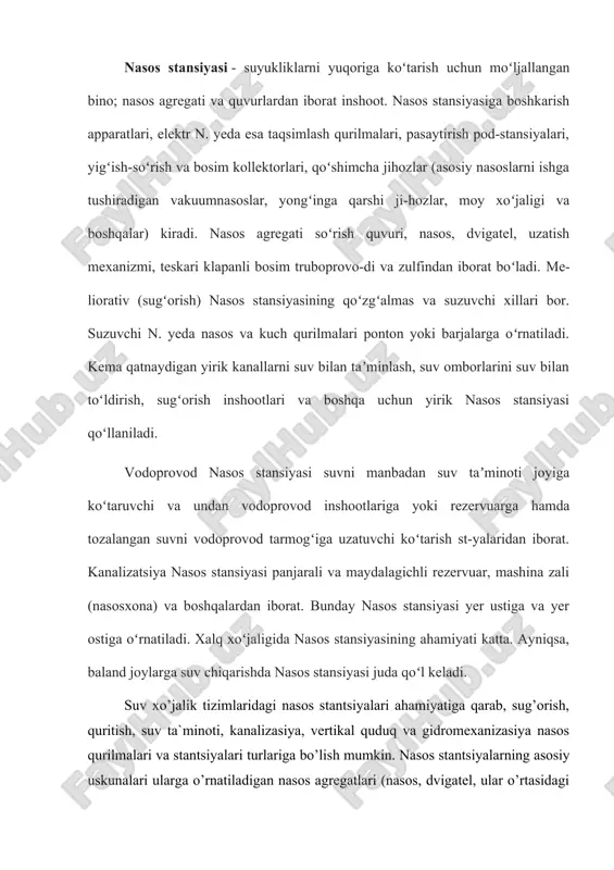 ilishi, ishchi elementining harakatlanish usuli, hosil qiladigan bosimi, uzatiladigan suyuqlik turi, valining joylashish holati va boshqa xususiyatlari bo’yicha tasniflash usullari mavjud. suyuqlikka energiya berish xususiyati bo’yicha nasoslarni to’rt guruhga bo’lish mumkin. suv ko’targichlar-ya`ni suyuqlikning holat energiyasini (z) o’zgartiruvchi qurilamlar: charxpalak, chig’ir, suv ko’tarish g’ildiragi, arximed vinti, havoli suv ko’targichlar, kapillyar nasoslar va hokazo. oqimchali nasoslar - suyuqliqni kinetik energiyasini (v2/2g) o’zgartiruvchi nasoslar: gidroelevator, ejektor, injektor va hokazo; hajmiy nasoslar- suyuqlikning potensial energiyasi (p/γ) o’zgartuvchi mashinalar: porshenli (plunjerli), rotorli, vintli, qanotli, diafragmali nasoslar, suv halqali vakuum-nasoslar, gidravlik taran va hokazo;kurakli nasoslar-suyuqlikning potensial (p/γ) va kinetik (v2/2g)energiyalarinio’zgartiruvchi mashinalar:markazdan qochma, diagonal, o’qiy vauyurmali nasoslar. nasoslar ishlash tarzibo’yichaikkitaya`ni dinamik va hajmiy nasoslar guruhigabo’linadi. ishbo’linmasida (g’ildirakda) suyuqlik dinamikkuch ta`sirida harakatlanuvchi, so’rg’ich vauzatkichqismlaribilan doimiy bog’langan holdasuyuqlikniuzatuvchi nasoslar dinamik nasoslar deyiladi. konsol turdagi markazdan qochma nasoslar konsolli markazdan qochma nasosning umumiy shakli 2.1-rasmda keltirilgan. bu gorizontal valli bir g’ildirakli nasos bo’lib, ishchi g’ildiragi valning muallaq qismiga mahkamlangani …