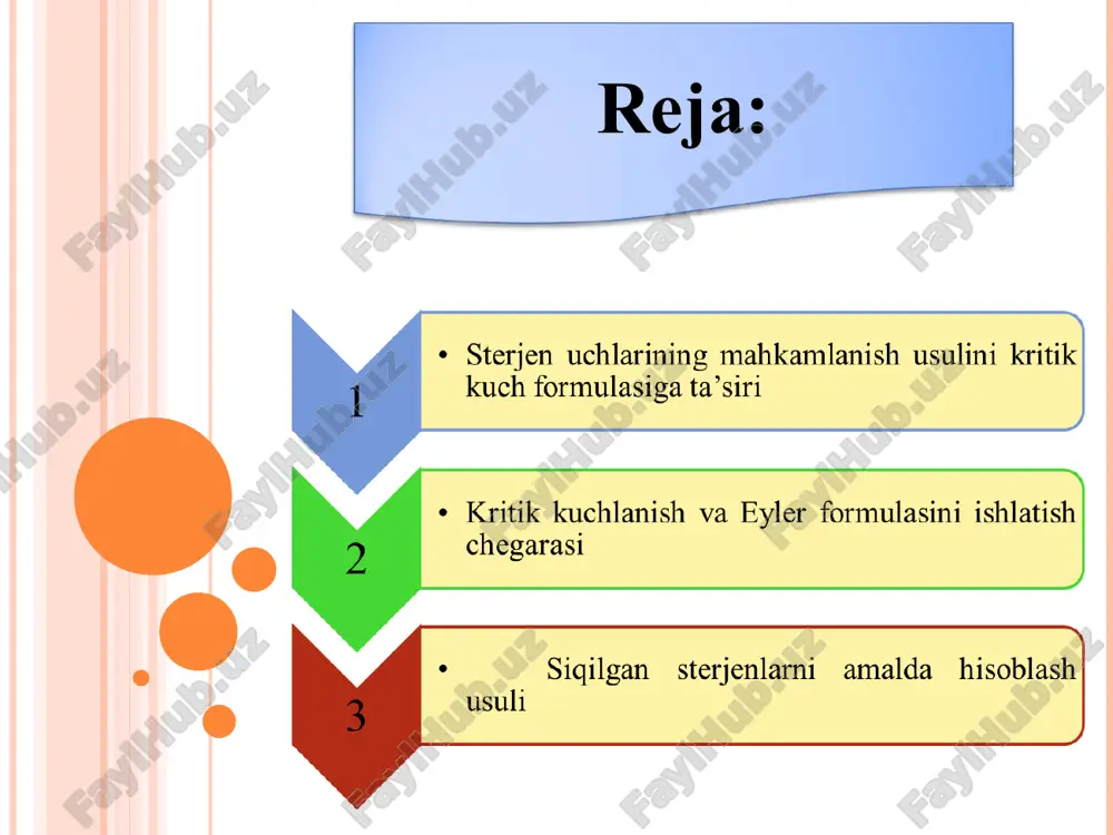 nday ezamiz: (4) λ — sterjenning egiluvchanligi deyiladi. (4) formulani nazarda tutib (3) ni bunday yozamiz. (5) eyler formulasidan hamma vaqt ham foydalanib bo'lavermaydi, chunki biz uni chiqarganda sterjen materiali elastik va undagi kuchlanish proportsionallik chegarasidan ortib ketmasligini e'tiborra olgan edik. eyler formulasidan foydalanish uchun ushbu shart bajarilishi zarur: (6) bunda σp – sterjen materialining proportsionallik chegarasi. (6) formuladan egiluvchanlik λ ni topib, eyler formulasini ishlatish chegarasini shu ko'rinishda olamiz: (7) masalan, po'lat 3 uchun σp = 2000 ·105 n/m2 bo'lsa, eyler formulasini ishlatish chegarasi quyidagicha aniqlanadi: (8) demak, 3 markali po'latdan yasalgan sterjenlar uchun eyler formulasi, egiluvchanlik 100 dan katta bo'lgandagina ishlatilishi mumkin ekan. shunga uxshash boshka xildagi materiallar uchun ham. eyler formulasini ishlatish chegaralarini topish mumkin. masalan, cho'yan uchun λ ≥ 80 va yog'och uchun λ ≥ 110 bo'ladi. ko'pincha amalda egiluvchanlik yuqorida ko'rsatilgan chegaralardan kichik bo'lgan hollar uchrab turadi. bunday hollarda eyler formulasidan foydalanib bo'lmaydi, chunki kritik …