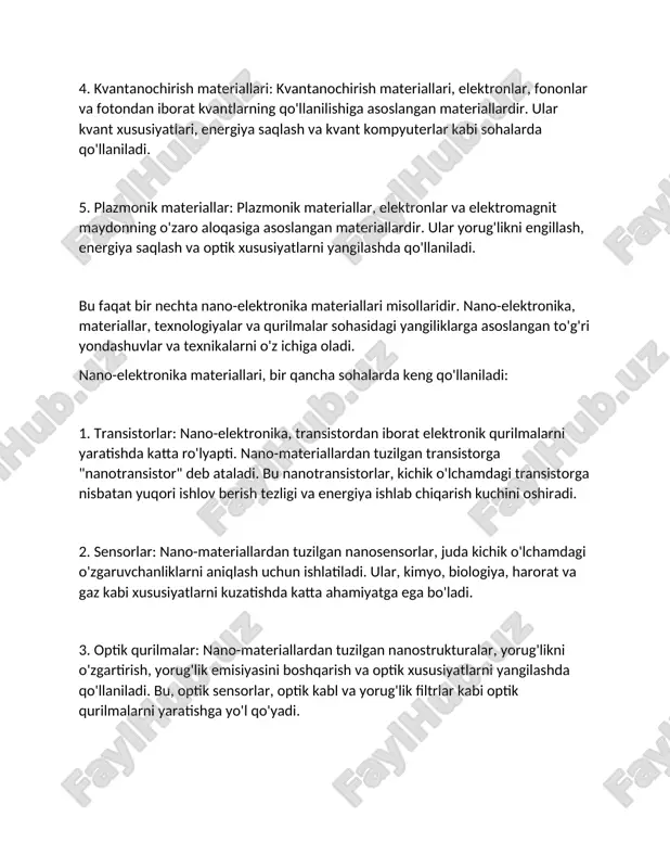 o-elektronika materiallari misollaridir. nano-elektronika, materiallar, texnologiyalar va qurilmalar sohasidagi yangiliklarga asoslangan to'g'ri yondashuvlar va texnikalarni o'z ichiga oladi. nano-elektronika materiallari, bir qancha sohalarda keng qo'llaniladi: 1. transistorlar: nano-elektronika, transistordan iborat elektronik qurilmalarni yaratishda katta ro'lyapti. nano-materiallardan tuzilgan transistorga "nanotransistor" deb ataladi. bu nanotransistorlar, kichik o'lchamdagi transistorga nisbatan yuqori ishlov berish tezligi va energiya ishlab chiqarish kuchini oshiradi. 2. sensorlar: nano-materiallardan tuzilgan nanosensorlar, juda kichik o'lchamdagi o'zgaruvchanliklarni aniqlash uchun ishlatiladi. ular, kimyo, biologiya, harorat va gaz kabi xususiyatlarni kuzatishda katta ahamiyatga ega bo'ladi. 3. optik qurilmalar: nano-materiallardan tuzilgan nanostrukturalar, yorug'likni o'zgartirish, yorug'lik emisiyasini boshqarish va optik xususiyatlarni yangilashda qo'llaniladi. bu, optik sensorlar, optik kabl va yorug'lik filtrlar kabi optik qurilmalarni yaratishga yo'l qo'yadi. 4. energiya saqlash: nano-materiallar, energiya saqlash sohasida ham katta potentsialga ega. ular, batareya va akkumulyatorlarning ishlab chiqarishida energiya yo'qotishini, to'plamlarni o'zaro aloqalarini va energiya qaytishini oshirishda qo'llaniladi. 5. kvantanochirish: nano-elektronika, kvant xususiyatlardan foydalanish orqali kvantanochirish sohasida yangiliklarni yaratishga …
