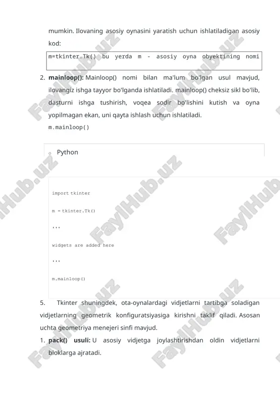 anjara (jadvalga o'xshash tuzilma) ichida tartibga soladi. 1. place() usuli: u vidjetlarni dasturchi tomonidan ko'rsatilgan muayyan pozitsiyalarga joylashtirish orqali tartibga soladi. 1. tkinter ilovangizga qo'yishingiz mumkin bo'lgan bir qancha vidjetlar mavjud. ba'zi asosiy vidjetlar quyida tavsiflangan: 1. tugma : ilovangizga tugma qo'shish uchun ushbu vidjetdan foydalaniladi. umumiy sintaksis: w=button(master, option = value) master - ota-oynani ko'rsatish uchun ishlatiladigan parametr. tugmalar formatini o'zgartirish uchun ishlatiladigan bir qator variantlar mavjud. variantlar soni vergul bilan ajratilgan parametrlar sifatida o'tkazilishi mumkin. ulardan ba'zilari quyida keltirilgan. 0. activebackground : tugma kursor ostida turganda fon rangini o'rnatish uchun. 0. activeforground : tugma kursor ostida turganda oldingi fon rangini o'rnatish uchun. 0. bg : normal fon rangini o'rnatish uchun. 0. command : funktsiyani chaqirish. 0. font : tugma yorlig'iga shriftni o'rnatish uchun. 0. image : tugmadagi tasvirni o'rnatish uchun. 0. width : tugma kengligini o'rnatish uchun. 0. balandligi : tugma balandligini o'rnatish uchun. · python import tkinter …