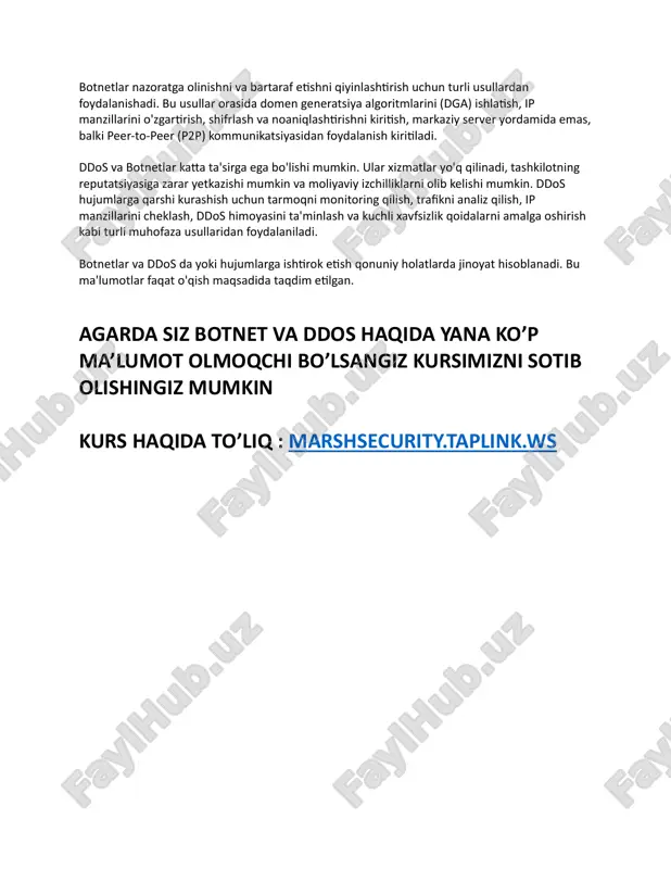 bu usullar orasida domen generatsiya algoritmlarini (dga) ishla;sh, ip manzillarini o'zgar;rish, shifrlash va noaniqlash;rishni kiri;sh, markaziy server yordamida emas, balki peer-to-peer (p2p) kommunikatsiyasidan foydalanish kiri;ladi. ddos va botnetlar ka?a ta'sirga ega bo'lishi mumkin. ular xizmatlar yo'q qilinadi, tashkilotning reputatsiyasiga zarar yetkazishi mumkin va moliyaviy izchilliklarni olib kelishi mumkin. ddos hujumlarga qarshi kurashish uchun tarmoqni monitoring qilish, trafikni analiz qilish, ip manzillarini cheklash, ddos himoyasini ta'minlash va kuchli xavfsizlik qoidalarni amalga oshirish kabi turli muhofaza usullaridan foydalaniladi. botnetlar va ddos da yoki hujumlarga ish;rok e;sh qonuniy holatlarda jinoyat hisoblanadi. bu ma'lumotlar faqat o'qish maqsadida taqdim e;lgan. agarda siz botnet va ddos haqida yana ko’p ma’lumot olmoqchi bo’lsangiz kursimizni sotib olishingiz mumkin kurs haqida to’liq : marshsecurity.taplink.ws