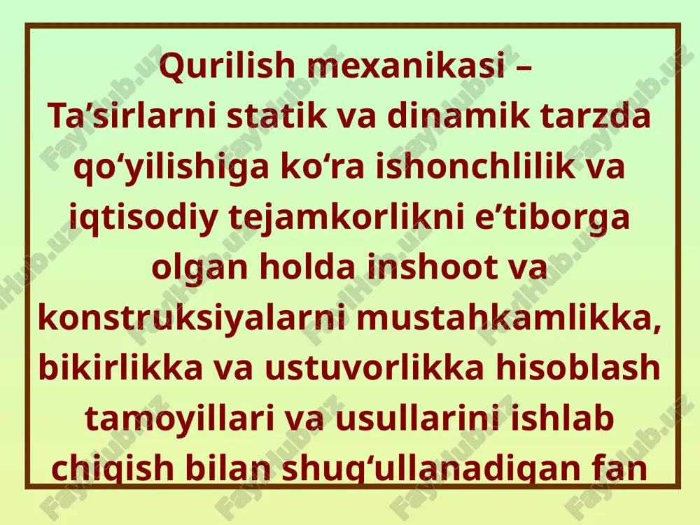 hisoblash sxemalari va ularning klassifikatsiyasi ma’ruza rejasi: 1. inshootlar hisoblash sxemalarini tanlash 2. inshootlar klassifikatsiyasi. uning soddalashtirilgan va ideallashtirilgan ko‘rinishi bo‘lib, birlamchi xossalari saqlanadi va ikkinchi darajali xossalar e’tiborga olinmaydi. inshootning hisoblash sxemasi – inshoot (konstruktsiya) isoblash h sxemalarining shakllantirilishi yuklar va ta'sirlarning tasniflanishi – o'yilish usuliga ko'raq – ta'sir xarakteriga ko'ra – ta'sir muddatiga ko'ra to'plangan yoyilgan chizi bo'yichaq sirt bo'yicha ajm bo'yichah statik dinamik zarb yuklari vibratsion ta'sirlar doimiy muva at qq – tabiiy olatda h kuchlar( yuklar ) kinematik ( tayanchlar cho'kishi ) arorat h ( issi likq ) bosh alar q ( elektromagnit, bioximik va bosh .q ) inshootlar elementlarining tugunlarda bog'lanishiga kura bikir sharnirli (elastik) qayishqoq tayanchlarning hisobiy sxemada tasvirlanishi bikir tayanchlar sharnirli tayanchlar nazorat savollari 1. qurilish mexanikasi fani nimani o‘rganadi? 2. inshootlarni mustahkamlikka hisoblashdan maqsad nima? 3. inshootlarni bikrlikka hisoblashdan maqsad nima? 4. inshootlarni ustuvorlikka hisoblashdan maqsad nima? 5. inshootlar statikasi va inshootlar …