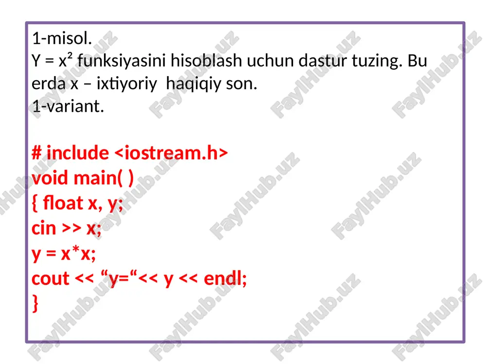 ut # include void main ( ) { int a, a1, a2, a3, s; cin >> a; a1= a % 10; // birlik raqami ajratildi a2=(a/10)% 10; // o’nlik raqami ajratildi a3=(a/10) /10; // yuzlik raqami ajratildi s = a1+a2+a3; if (s %3==0) cout void main ( ) { char a; float x, y, z; cin >> a; cin >> x >> y; switch (a) { case ‘+’ : z= x+y; break; case ‘ – ‘ : z= x – y; break; case ‘ * ‘ : z = x*y; break; case ‘/ ’ : z = x / y; break; default : cout =6 && x void main ( ) { float x, y; int n; clrscr ( ); cout > x>>y; if (y>=x*x || x*x+y*y 0 || y =4) n=0 else n=1; cout # include void main ( ) { float x, y; int n; clrscr ( ); …