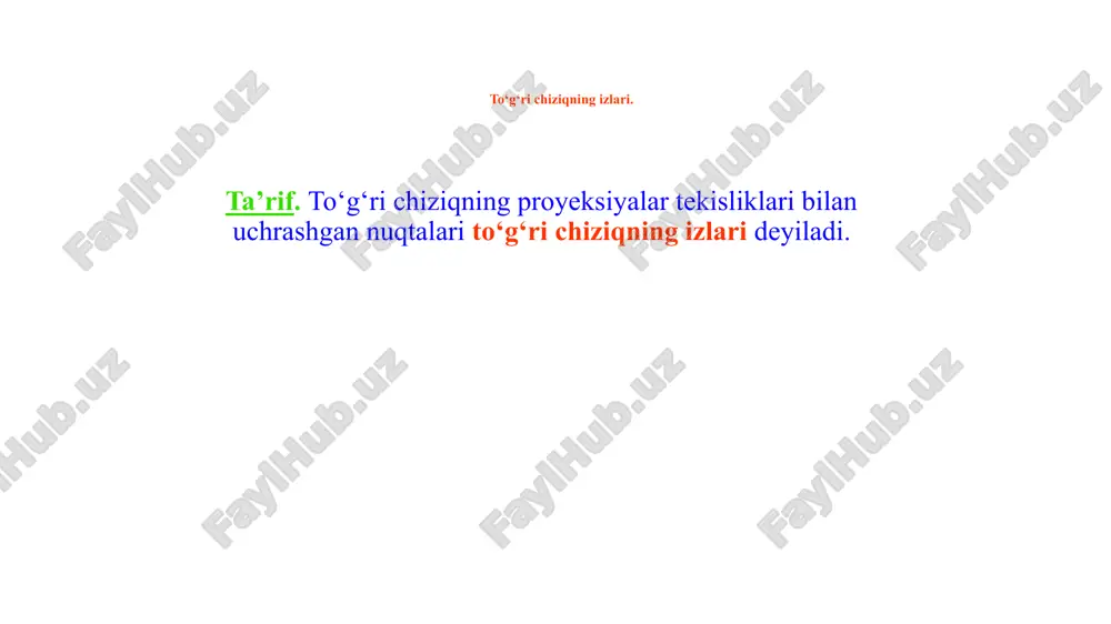 smaning gorizontal proyeksiyasiga, ikkinchi kateti esa kesmaning a va b uchlarining applikatalari ayirmasi z ga teng bo‘ladi. bu uchburchakning a′b0 gipotenuzasi ab kesmaning haqiqiy o‘lchami, a′b0=ab bo‘lib, ab^h=b′a′b0= bo‘ladi. • kesmaning v tekislik bilan hosil qilgan  burchagini aniqlash uchun to‘g‘ri burchakli a″b″a0 ni yasaladi. bu uchburchakning bir kateti kesmaning frontal a″b″ proyeksiyasiga, ikkinchi kateti esa ab kesma uchlari ordinatalari ayirmasi δy ga teng bo‘ladi. hosil bo‘lgan b″a0=ab bo‘lib, ab^v=a″b″a0= bo‘ladi. ab kesmaning w tekislik bilan hosil etgan burchagini aniqlash uchun esa to‘g‘ri burchakli a″ ′b″′a0 ni yasaymiz. bu uchburchakning bir kateti kesmaning profil a″′b″′ proyeksiyasi, ikkinchi kateti kesma uchlarning w tekislikdan uzoqliklarning absissalar ayirmasi δx bo‘ladi. hosil bo‘lgan b″′a0 = ab bo‘lib, ab^w=a″′b″′a0 = teng bo‘ladi. kesmani berilgan nisbatda bo’lish fales teoremasi: agar burchak tomonini kesadigan parallel to’g’ri chiziqlar uning bir tomonidan teng kesmalar ajratsa, ikkinchi tomonidan ham teng kesmalar ajraladi. to’g’ri chiziqda berilgan uzunlikdagi kesmani ajratish ikki to‘g‘ri …