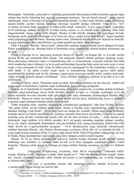a ob’ektiv borliqning mavjudligini e’tirof qilib, predmet-hodisalarni «narsalar biz uchun» va «narsalar o‘zida» ga bo‘ladi. uningcha, «narsalar biz uchun»(predmet va hodisalar, tabiat)ni inson bila oladi, «narsalar o‘zida»(erkinlik, o‘lmaslik, g‘ayritabiiy kuchlar, xudo)ni esa hech qachon to‘liq bila olmaydi. i.kant bilish nazariyasida e’tiqodni mustahkamlash uchun aqlni tanqid qiladi. u inson aqlini nazariy va amaliyga bo‘ladi: amaliy aql cheklangan, inson tajriba va amaliyot yordamida har qanday bilimga ega bo‘lavermaydi. inson bilishida tajribasiga bog‘liq bo‘lmagan aprior (lotincha aprior tajribadan oldin, azaldan) tug‘ma bilimlar bo‘ladi. i.kantning fikricha, falsafiy bilimlar aprior bilimlardan iborat. ilmiy bilimning ishonchliligi va haqiqatliligi uning eng umumiyliligi va zaruriyligi bilan belgilanadi. xullas, kant bilish nazariyasini ilk marta falsafiy muammo sifatida atroflicha tahlil qilgan faylasufdir. agnostitsizm, skeptitsizm bilan birikib, nigilizmga olib keladi. ilm va fan yutuqlariga asoslangan faylasuflar, jumladan, qadimgi yunon faylasuflari esa insonning dunyo va o‘zini bilishni hamisha e’tirof etib kelganlar. o‘rta asr markaziy osiyo mutafakkirlari: forobiy, beruniy, ibn sino, ulug‘bek, a. …