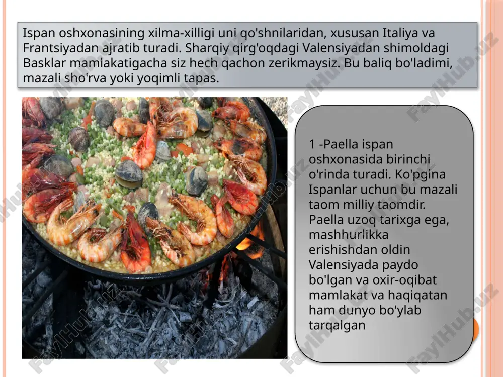 davolangan va dudlangan kolbasa hisoblanadi. keyin u maydalanadi va ta'mga ko'ra ispan paprika, tuz va sarimsoq bilan zaytun moyi sepiladi. 4. zamburinas a la gallega ispaniyadagi eng yaxshi dengiz taomlaridan biri zamburinas a la gallega mamlakatning shimoli-g'arbiy burchagidagi galitsiyadan keladi. iberiya yarim orolida joylashgan shahar o'zining keng o'rmonli vodiylari, yovvoyi plyajlari va tarixiy mayoqlari bilan mashhur bo'lishi mumkin, ammo bu okean avtonom hamjamiyatni eng mashhur ispan taomlaridan biri bilan ta'minladi. 5. escalivada escalivada-bu ispaniya atrofida topiladigan eng keng tarqalgan vegetarian taomlaridan biri. bunday go'sht va baliqlarga asoslangan mamlakatda bu vegan va vegetarian sayohatchilar yoki shunchaki narsalarni aralashtirmoqchi bo'lganlar uchun barakadir. rahmat etibor uchun ispan milliy taomlari slide 2 slide 3 slide 4 slide 5 slide 6 slide 7 slide 8 slide 9 slide 10 slide 11