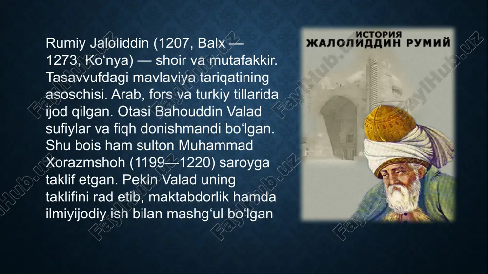 ki komil inson go'yo osmonda uchib yurgan erkin qushchayu, sizu biz zindonda — temir panjaradan uni umidsizligini kuzatib yotgan maxbus. qushning ozodligidan, charx urib aylanishidan, baxtidan maxbusga ne naf? qaytaga u ana shunday hur parvozi bilan bu bechoraning o'z holiga ko'nikib ketishiga to'sqinlik qilib, iztirobini orttiradi, xolos. rumiyda esa unday emas. rumiy shohu gadoga ham, olimu avomga ham birdek xitob qiladi. x u l o s a ha, asar mutolaasi inson ko'nglida mudrab yotgan umidning qayta uyg'onishiyu qad rostlashiga ko'mak beradi, o'zining mavjudiyati va haqiqatiga ishonch hosil qiladi. bu juda muhim. chunki ishonch — inson faoliyatining doimiy tashabbuskori, tinimsiz harakatlarining rag'batlantiruvchisi bo'lishi bilan birga odamzotni muallaq holdan, yolg'izlik va uning azobidan qo'ruvchi hamdir. g'arbning ma'lum falsafiy oqimining asosida inson — tashlandiq, ya'ni u bu dunyoga tashlab ketilgan va binobarin, uning o'zidan o'zga yordamchisi ham, xaloskori ham yo'q, degan qarash mavjud. hayot buning kabi yuzlab, minglab «nazariyalar» uchun asos beraveradi. foydalanilgan …