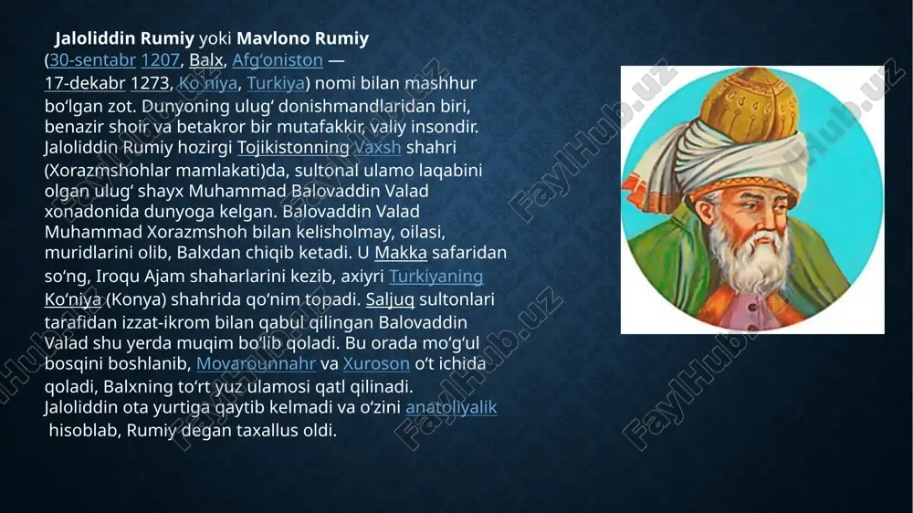 oh kant, goh spinoza, goh hegel kabi faylasuflar bilan qiyoslaydilar. ammo mavlono rumiy hech kimga oʻxshamaydi. u muazzam sharq tafakkurining moʻjizali bir haykalidirkim, unda tasavvuf taraqqiyoti ham, ilmu hikmat va falsafa ham, sheʼriyat va maʼnaviyat ham birlashib, oliy koʻrinishda namoyon boʻladi. jaloliddin rumiy oʻzidan keyingi sharq sheʼriyati, fikriy va maʼnaviy taraqqiyotiga ulkan taʼsir oʻtkazgan ijodkordir. alisher navoi y uni ilohiy ishq kuychisi, buyuklikning koʻz ilgʻamas choʻqqisi deb sharaflaydi. mavlono jaloliddin rumiyning ilmiy va adabiy merosi gʻoyat katta . gʻazal, masnaviy va ruboiylarni oʻz ichiga oladigan „devoni kabir“ („ulugʻ devon“)da uch mingdan ortiq sheʼr bor. https://uz.wikipedia.org/wiki/alisher_navoiy https://uz.wikipedia.org/wiki/alisher_navoiy https://uz.wikipedia.org/wiki/alisher_navoiy https://uz.wikipedia.org/wiki/alisher_navoiy https://uz.wikipedia.org/wiki/g%ca%bbazal https://uz.wikipedia.org/wiki/masnaviy https://uz.wikipedia.org/wiki/ruboiy falsafiy-soʻfiyona mushohadalar, ruhiyat dialektikasini kashf etib, inson aqlini lol qoldiradigan teranlik bilan yozilgan „masnaviy-maʼnaviy“ ham bir necha ming baytdan iborat. bundan tashqari, „maktubot“, „fihi mo fihiy“ („ichindagi ichindadir“) nomli asarlari ham mavjud. rumiyning asarlari asosan fors tilida yozilgan, ammo baʼzida sheʼr yozishda u turk, arab va yunon tillaridan ham …