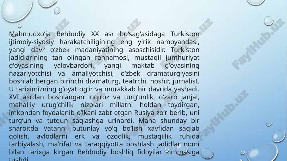 smoilbek gasprinskiyning xizmati katta boʻlgan. u 1892 yilda turkistondagi maktablarni isloh kilish, “usuli savtiya”ni joriy etish taklifi bilan general gubernator n. o. rozenbaxga murojaat etadi. javob olmagach, 1893 yilda oʻzi toshkentga keldi. samarqand, buxoroda boʻldi. mahalliy xalq bilan gaplashib, dastlabki yangi usul maktablarni ochishga muvaffaq boʻldi. behbudiy oʻz xotiralarida ustozi bilan uchrashuvlarini ixlos va muhabbat bilan tilga oladi. mahmudxoʻja behbudiy (1875-1919) 1899–1900 yillarda behbudiy haj safariga boradi. dunyo koʻrish izsiz ketmaydi. safar yangi maktab haqidagi qarashlarini mustahkamlaydi. uning tashabbus va gʻayrati bilan 1903 yilda samarqand atrofidagi halvoyi (s. siddiqiy), rajabamin (a. shakuriy) qishloqlarida yangi maktablar tashkil topdi. adib bu maktablar uchun darsliklar tuzishga kirishadi. ketma-ket “risolai asbobi savod” (1904), “risolai jugʻrofiyai umroniy” (1905), “risolai jugʻrofiyai rusiy” (1905), “kitobatul-atfol” (1908), “amaliyoti islom” (1908), “tarixi islom” (1909) kabi kitoblari paydo boʻladi. 1903–1904 yillarda maskov, peterburgga boradi, 1907 yilda qozon, ufa, nijniy novogorodda boʻladi. bular sayohat emas, xizmat safari edi. masalan: nijniy novogorodda …
