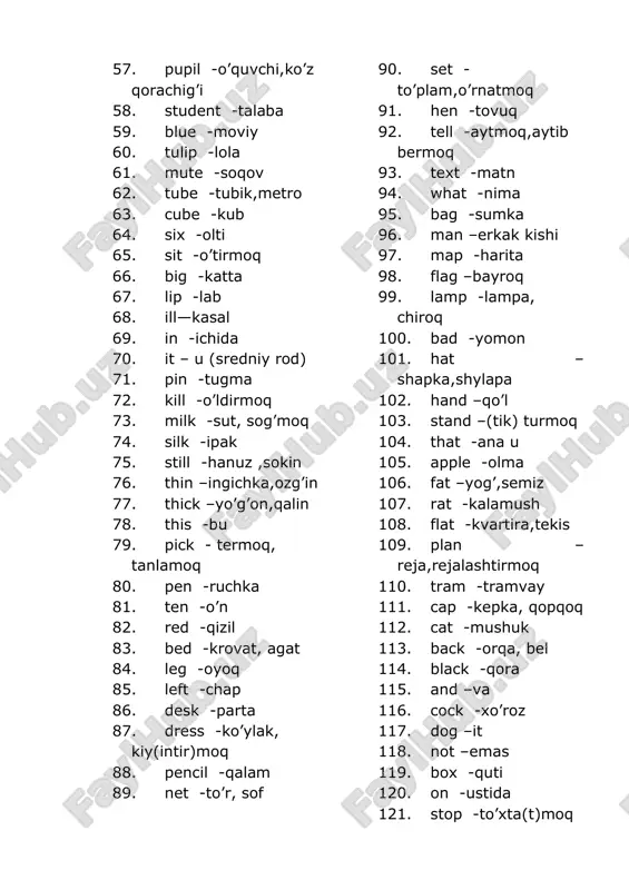 00. bad -yomon 101. hat – shapka,shylapa 102. hand –qo’l 103. stand –(tik) turmoq 104. that -ana u 105. apple -olma 106. fat –yog’,semiz 107. rat -kalamush 108. flat -kvartira,tekis 109. plan – reja,rejalashtirmoq 110. tram -tramvay 111. cap -kepka, qopqoq 112. cat -mushuk 113. back -orqa, bel 114. black -qora 115. and –va 116. cock -xo’roz 117. dog –it 118. not –emas 119. box -quti 120. on -ustida 121. stop -to’xta(t)moq 122. clock -soat 123. hot -issiq 124. fox –tulki 125. sock -paypoq 126. bottle -shisha 127. kind – mehribon,muloyim,tur 128. what kind of - qanday 129. book -kitob, zakaz qilmoq 130. look -qaramoq, nigoh, qarash 131. good -yaxshi 132. foot – oyoq, fut(30cm) 133. too - o’ta,juda, ham 134. boot -sapog, botinok, bagaj 135. room – hona, joy 136. spoon –qoshiq 137. cook – oshpaz,pishirmoq 138. food -ovqat 139. soon –tez orada 140. cool -sovuq, sovitmoq 141. fool …