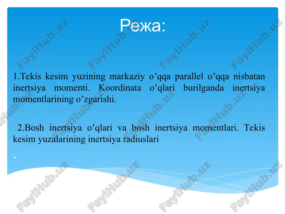 s ko‘ndalang kesimining qarshilik momentlari unga tashqi kuchlar qarshilik qilgandagi mustahkamligini xarakterlaydi. egilish va buralishdagi kuchlar ta’sirida vujudga keladigan maksimal zo‘riqish qarshilik momentiga teskari proporsional. shuning uchun brusni mustahkam bo‘lishi uchun kesimning qarshilik momenti iloji boricha katta bo‘lishi kerak. qarshilik momenti o‘q (ekvatorial) va qutb momentlari kabi xillarga ajratiladi. nosimmetrik kesimning kesim tekisligida yotgan o‘qqa nisbatan o‘q(ekvatorial) qarshilik momenti deb, ayni kesimning shu o‘qqa nisbatan o‘q inersiya momentining eng uzoq kesim nuqtasidan o‘tgan o‘qqacha bo‘lgan masofaga nisbatiga aytiladi, ya’ni:          max z z max y y y i w z i w (1.17) nosimmetrik kesimning shu kesim tekisligidagi biror nuqta(qutb)ga nisbatan qutb qarshilik momenti deb, kesimning shu nuqtaga nisbatan qutb inersiya momentining eng uzoq kesim nuqtasidan qutbgacha masofaga nisbatiga aytiladi, ya’ni: max p p i w   (1.18) o‘q va qutb qarshilik momenti uchinchi darajali uzunlik birligida o‘lchanadi /mm3, sm3, m3/. …