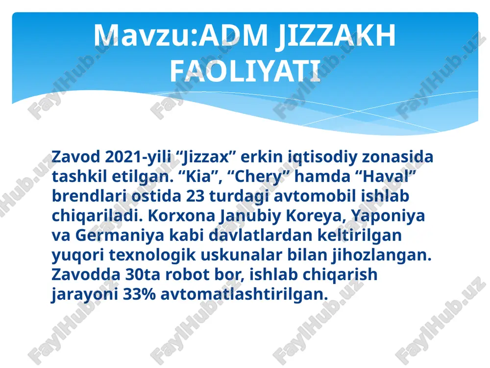 lik quyish jarayoni ushbu bosqichda avtomabilning barcha yig’ilgan qismlari maxsus uskunalar yordamida sifat tekshiruvidan o’tkaziladi dvigatel ot kuchlari o’lchanadi. sifat tekshiruvi jarayoni etiboringiz uchun raxmat adm jizzakh avtomobil zavodi mavzu:adm jizzakh faoliyati slide 3 transparkirovka orqa most yig’ish jarayoni dvigatel qismini yig’ish shina taqish jarayoni suyuqlik quyish jarayoni sifat tekshiruvi jarayoni slide 10