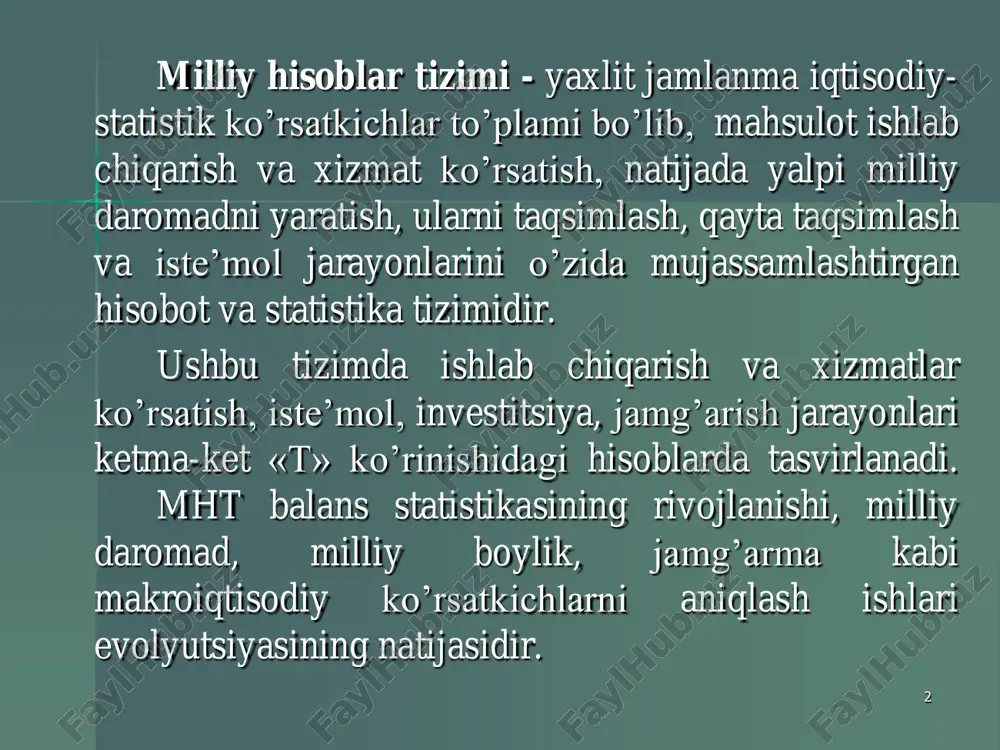 y iqtisodiyot va tashqi dunyo tushunchalari jo’g’rofiy xudud, milliy valyuta va millatga emas, balki rezidentlik kriteriyasiga qarab aniqlanadi.  rezident deb, iqtisodiy manfaati (qiziqishi) shu mamlakatning iqtisodiy xududiga qaratilgan (yoki joylashgan) institutsional birliklarga aytiladi.  boshqa mamlakatning rezident birliklari biz uchun norezident birliklar bo’lib hisoblanadi.  mamlakatda joylashgan chet el elchixonalari, xalqaro va diplomatik tashkilotlar, qisqa muddatga (odatda 1 yildan kam) kelgan mavsumiy ishchilar, artistlar, sportchilar, turistlar va x.k.lar rezident hisoblanmaydi.  iqtisodiy qiziqish quyidagi belgilar mavjudligida sodir bo’ladi:  - doimiy yashash uchun turar joyi bo’lsa;  - uzoq muddat davomida (odatda bir yil va undan ortiq) iqtisodiy faoliyatini olib borishi uchun ishlab chiqarish joylari bo’lsa. 5  rezidentlikni aniqlash kriteriyasi  * davlat boshqaruv idoralari  * tovar ishlab chiqaruvchi va xizmat ko’rsatuvchi korxonalar  * oila xo’jaliklari  * yakka tartibda iqtisodiy faoliyat yurituvchilar  rezident va norezidentlikni aniqlashdagi  muammolar  * chet el ishchilari  …