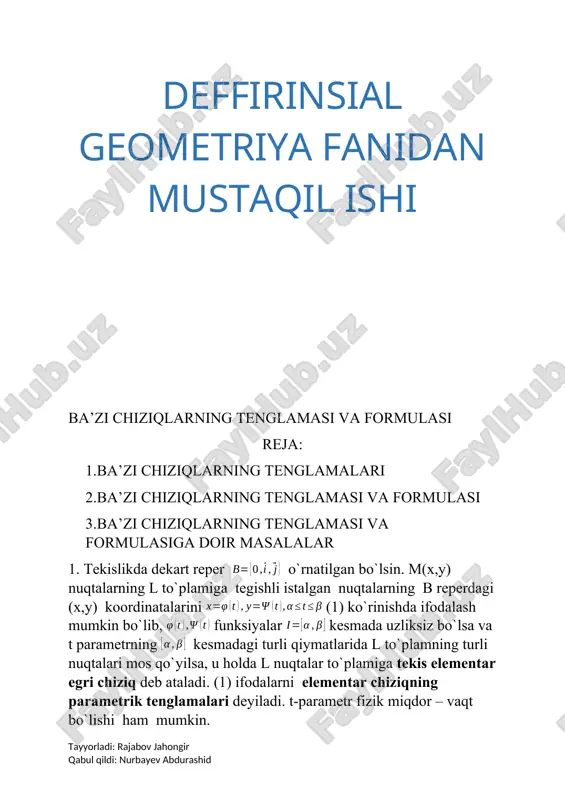 urli qiymatlariga l to`plamning turli nuqtalari mos kelsa, u holda l-ni elementar fazoviy egri chiziq deyiladi. (4) l-ning parametrik tenglamalaridir. fazoviy soda egri chiziq tushunchasini va ta`rifini soda egri chiziqdagi kabi kiritish mumkin. sodda fazoviy egri chiziqni va sirtlarning kesishish chizig`i sifatida olish ham mumkin. ushbu egri chiziq ixtiyoriy m(x,y,z) nuqtasining koordinatalari (5) sistemani qanoatlantiradi. (5) sistema fazoviy egri chiziqni aniqlashi uchun (6) matritsaning rangini 2 ga teng bo`lishi talab qilinadi. masalar 1-masala bernulli lemniskatasining dekart va qutb koordinatalr bo`yicha tenglamasi tuzilsin. yechish. bernulli lemniskatasi kassini ovalining xususiy holi bo`lib, oval tenglamasidan kelib chiqadi. kassining ovali. har biridan va nuqtalargacha bo`lgan masofalar ko`paytmasi o`zgarmas son ga teng bo`lgan tekislikdagi nuqtalar to`plamiga kassining ovali deyiladi. bu chiziq tenglamasini aniqlash uchun ( ) to`g`ri chiziqni ox o`q deb qabul qilamiz. kesma o`rtasidan ga perpendikulyar qilib, oy o`q o`tkazamiz. oxy dekart sistemada va nuqtalar koordinatalarini aniqlash uchun . kesma uzunligini 2c ga teng …