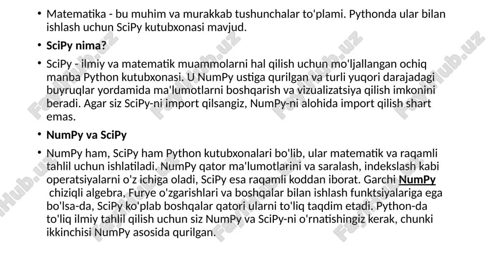 chun siz massivlar bilan ishlash uchun uning funksiyalaridan foydalanishingiz mumkin. ular haqida ko'proq ma'lumot olish uchun help(), info()yoki funksiyalaridan foydalaning source(). from scipy import cluster help(cluster) #parameter bilan help() #parametrsiz 11 import matplotlib.pyplot as plt from scipy import interpolate x = np.arange(5, 20) y = np.exp(x/3.0) f = interpolate.interp1d(x, y)x1 = np.arange(6, 12) y1 = f(x1) plt.plot(x, y, 'o', x1, y1, '--') plt.show() image1.png image2.png image3.png image4.png image5.png image6.png image7.png image8.png image9.png image10.png image11.png image12.png image13.png image14.png image15.png image16.png image17.png image18.png image19.png image20.png image21.png image22.png image23.png image24.png image25.png image26.png /docprops/thumbnail.jpeg