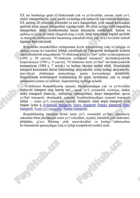 zimlarining barcha transport turlari (aqsh, kanada) yoki ayrim transport turlari (gʻarbiy yevropa mamlakatlari, yaponiya)ning yuksak darajada rivojlanganligi bilan tavsiflanadi. xx asr boshlariga qadar oʻzbekistonda yuk va yoʻlovchilar, asosan, temir yoʻl, otulov transportlarida, tuya, xachir va boshqa yuk tashuvchi hayvonlarda tashilgan. xx asrning 20-yillaridan avtomobil va xavo transportlari, yirik sanoat korxonalari qurilishi bilan sanoat transportlari vujudga keldi. 80-yillar oxiriga kelib respublika transportlari, ining moddiytexnika bazasi birmuncha yaxshilandi. sanoat va qishloq xoʻjaligi.da ishlab chiqarish.ning oʻsishi, keng miqyosdagi kapital qurilishi va transport moddiytexnika bazasining yuksalishi bilan yuk va yoʻlovchilar tashish hajmlari ham orta bordi. respublika mustakillikka erishganidan keyin transportning xalq xoʻjaligiga va ahrliga xizmat koʻrsatishini tubdan yaxshilash va transportni boshqarish tizimini takomillashtirish maqsadlarida "oʻzbekiston havo yoʻllari" milliy aviakompaniyasi (1992 y. 28 yanvar), "oʻzbekiston avtomobil transporti" davlataksiyadorlik korporatsiyasi (1993 y. 8 yanvar), "oʻzbekiston temir yoʻllari" davlataksiyadorlik kompaniyasi (1994 y. 7 noyab.) va boshqa idoralar tashkil etildi. mamlakatda transport korxonalari davlat ishtirokidagi aksiyadorlik, ochiq turdagi …