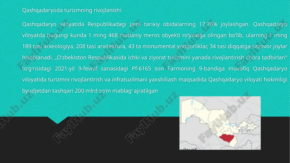 atida oʻzining uzoq oʻtmishiga ega ekanligi sabab tarixiy obidalar soni va ilmiy yangiligi turfa xillikni tashkil etadi. qashqadaryo viloyatida tarixiy obidalar soni hududlar kesimida turlicha hisoblanadi. qarshi shahar — arxeologik yodgorliklar 28 ta, arxitektura yodgorliklari 25 ta, monumental sanʼat yodgorliklari 6 ta, diqqatga sazovor joylar 1 ta. shahrisabz tumani — arxeologik yodgorliklar 138 ta, arxitektura yodgorliklari 22 ta, monumental sanʼat yodgorliklari 5 ta. yakkabogʻ tumani — arxeologik yodgorliklar 195 ta, arxitektura yodgorliklari 38 ta, monumental sanʼat yodgorliklari 2 ta, diqqatga sazovor joylar 2 ta. kitob tumani — arxeologik yodgorliklar 281 ta, arxitektura yodgorliklari 16 ta, monumental sanʼat yodgorliklari 3 ta, diqqatga sazovor joylar 5 ta. gʻuzor tumani — arxeologik yodgorliklar 94 ta, arxitektura yodgorliklari 9 ta, monumental sanʼat yodgorliklari 3 ta, diqqatga sazovor joylar 3 ta. koson tumani — arxeologik yodgorliklar 76 ta, arxitektura yodgorliklari 11 ta, monumental sanʼat yodgorliklari 4 ta, diqqatga sazovor joylar 1 ta. chiroqchi tumani — …