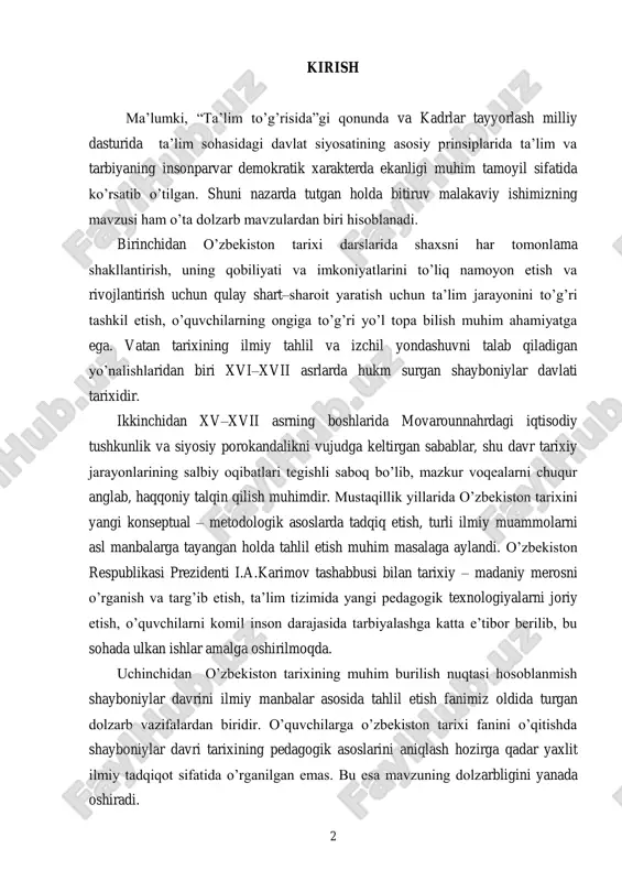 osida tahlil etish fanimiz oldida turgan dolzarb vazifalardan biridir. o‟quvchilarga o‟zbekiston tarixi fanini o‟qitishda shayboniylar davri tarixining pedagogik asoslarini aniqlash hozirga qadar yaxlit ilmiy tadqiqot sifatida o‟rganilgan emas. bu esa mavzuning dolzarbligini yanada oshiradi. 3 tariximizda somoniylar, g„aznaviylar, qoraxoniylar, xorazmshoxlar, temuriylar, shayboniylar, ashtarxoniylar va mang„itlar kabi sulolalar hukmronlik qilganini bilamiz. shu nuqtai nazardan olganda shayboniylar davrining dolzarbligi shundan iboratki, biz bu davrni yanada muhimroq o„rganmog„imiz, o„sha davrda hukmronlik qilgan xukmdorlar qilgan ishlarini chuqurroq tahlil qilmog„imiz, ochilmagan, siru-sinoatlarni ochib bermog„imiz darkor. bizga ma‟lumki, bir qator tarixchilarimiz shayboniylar davriga oid bir qancha asarlar yozishgan. jumladan, b. axmedovning “tarixdan saboqlar”, “to„rt ulus tarixi”, z.m. boburning “boburnoma”, abdulg„ozixonning “shajarai turk”, m. solihning “shayboniynoma”, x.t. buxoriyning “abdullanoma” asarlari mavzuning yoritilishida muhim asarlar hisoblanadi. 4 1 . shayboniylar davrida movoraunnahrda ijtomoiy iqtisodiy va siyosiy ahvol 1.1. xv asrning ikkinchi yarmida dashti qipchoq va movoraunnahrdagi siyosiy ahvol balxash ko„li va sirdaryoning quyi oqimlaridan to dnepr daryosining quyi …