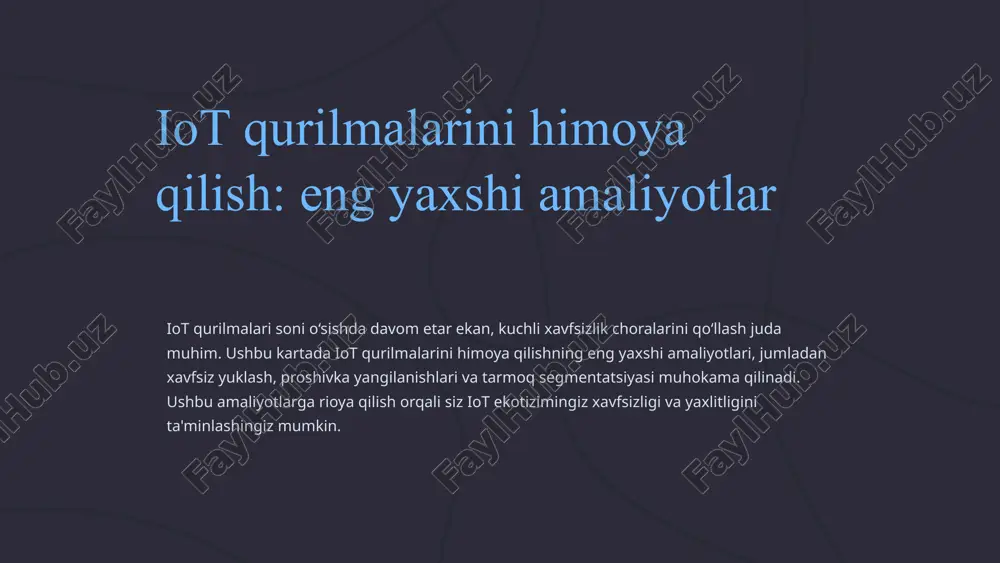mmetrik kalitli shifr. ikki baliq twofish - bu iot muhitida xavfsizlik va ishlashning yaxshi muvozanatini taklif qiluvchi yana bir mashhur simmetrik kalit algoritmi. asimmetrik kalitli algoritmlar rsa rsa keng qo'llaniladigan assimetrik kalit algoritmi bo'lib, u iot ilovalari uchun xavfsiz kalit almashinuvi va raqamli imzolarni ta'minlaydi. elliptik egri kriptografiya (ecc) ecc muqobil assimetrik kalit algoritmi bo'lib, kichikroq kalit o'lchamlari bilan taqqoslanadigan xavfsizlikni taklif qiladi va uni resurslar cheklangan iot qurilmalari uchun mos qiladi. xesh algoritmlari 1 sha-256 sha-256 keng qo'llaniladigan kriptografik xesh funksiyasi bo'lib, yuqori darajadagi xavfsizlikni ta'minlaydi va odatda iot tizimlarida qo'llaniladi. 2 sha-3 sha-3 - oldingi sha standartlariga nisbatan yaxshilangan xavfsizlik va ishlashni taklif qiluvchi yangi xesh funksiyasi. 3 blake2 blake2 tezkor va xavfsiz xeshlash algoritmi bo‘lib, u samaradorligi tufayli iot ilovalarida mashhurlik kasb etmoqda. kalit almashinuv protokollari diffie-hellman diffie-hellman protokoli ikki tomonga xavfsiz bo'lmagan aloqa kanali orqali umumiy maxfiy kalitni o'rnatishga imkon beradi. elliptik egri diffie-hellman (ecdh) ecdh …