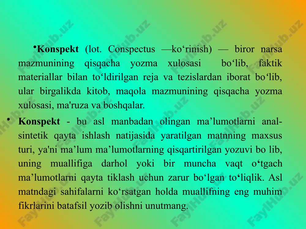 shaklida konkretlashtiruvchi, turtki beruvchi, batafsil bayon qiluvchi ma’lumotlarni ham o‘z ichiga oladi abstrakt talablar 1. mavzuga mos keladigan barcha asosiy ma’lumotlar konspektda aks ettirilishi kerak. 2. axborotni qisqartirilgan yozib olish jarayonida mantiqiy aloqani buzmang. 3. ishlatilgan belgilar va qisqartmalar so‘z va iboralar mutlaqo to'liq mos kelishi kerak. 4. gaplarni qayta tuzish kerak bo‘lganda ma’lumotlarning to‘g‘riligini saqlash. 5. yozishda imlo, leksik, grammatik xatolardan saqlaning. konspekt turlari rejalashtirilgan konspekt matn konspekti tematik konspekt ijodiy asosiy konspekt rejalashtirilgan konspekt maqola, kitob, ma’ruzaning avvaldan tuzilgan rejasiga asoslanadi. rejaning har bir savoliga konturning ma’lum bir qismi javob beradi, lekin agar nuqta aniq bo‘lsa, unda u batafsil ochib berilmaydi. bunday xulosaning sifati to‘liq tuzilgan rejaning sifatiga bog'liq. bu ixcham, shakli sodda, ammo ulardan o‘qilgan va eshitilgan narsalarni takrorlash har doim ham oson emas. matn konspekti - bu konspekt bo‘lib, asosan iqtiboslardan tashkil topgan, muallifning so‘zma-so‘z gaplarining manbaidir. matnli ko'chirmalar bir qator mantiqiy o‘tishlar orqali bir-biri bilan …