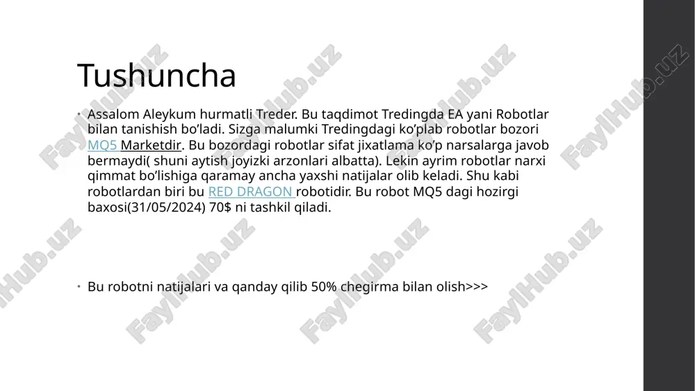 alari(o’zim sinaganman) risk 30% bo’ladi(10,000$ nisbatan) 1 oylik natija qanday qilib ishlatish haqida ea lar ko’p setlar kam (set bu robotni ustanofkasi uchun kerakli fayl) bizda shu 1 oyda 5000$ topgan setlar bor va albatta robotni ham beramiz robot boom500 va crash500 paralarida ishlaydi ishlash usuli martingel sizdan so’raladigani depo qilashi, robotni to’g’ri paraga qo’yasiz, set joylaysiz va foyda qilasiz 1 oyda 3000$ dan 6000$ gacha topish mumkin. qayerdan arzon olish mumkin? bizni adminlarga bo’laning admin sizga to’liq malumot beradi. robot narxi 35$ eng yaxshi malumotlar bizda hammaga omad… soff uz image1.png image2.png /docprops/thumbnail.jpeg
