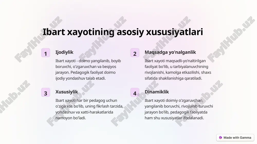 uning pedagogik faoliyatda yuksak mahorat bilan ishlashini ifodalaydi. ijartirilgan ta'sir ibart xayoti - pedagogning tarbiyalanuvchilar bilan o'zaro kuchli aloqasini va ularga yuksak ta'sir ko'rsatishini aks ettiradi. dynamika va rivojlanish ibart xayoti - doimo yangilanib, o'zgarib, rivojlanib boruvchi jarayonlarni ifodalaydi. https://gamma.app/ slide 1 slide 2 slide 3 slide 4