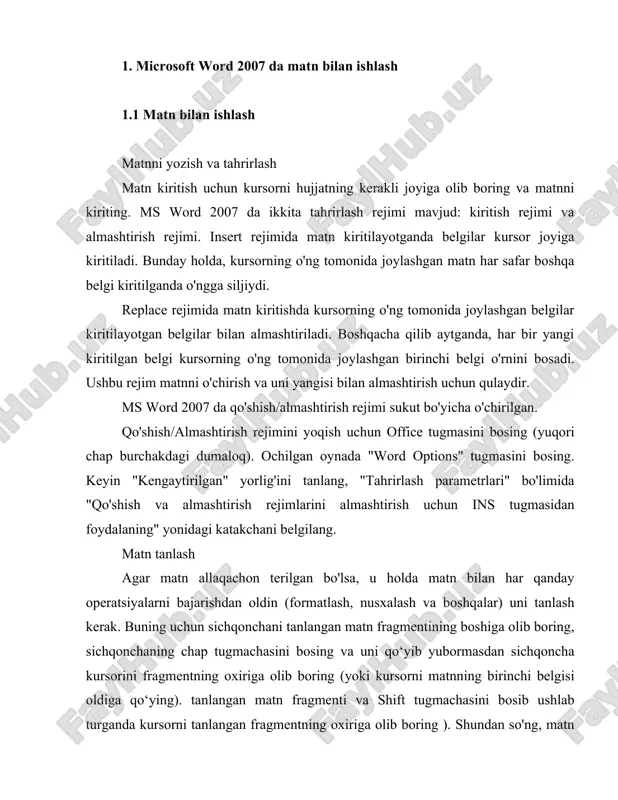 tda yoki boshqasida joylashgan bo'lishi mumkin). nusxa olish uchun siz quyidagilarni qilishingiz kerak: ko'chirilishi kerak bo'lgan matn qismini (1-bosqichda tasvirlangan) tanlang; "uy" yorlig'idagi lentada "nusxa olish" tugmasini bosing (1.2-rasm). rasm. 1.2. nusxalash yoki kontekst menyusida (sichqonchaning o'ng tugmachasini bosish orqali chaqiriladi) buyrug'ini tanlang "nusxalash" . shundan so'ng, matnning tanlangan qismi xotirada (buferda) saqlanadi va bir necha marta yopishtirilishi mumkin (agar kerak bo'lsa). matn yangi fragment nusxalanmaguncha xotirada saqlanadi. kursorni nusxalangan matn qismini (ushbu hujjatda yoki boshqa hujjatda) joylashtirmoqchi bo'lgan joyga qo'ying va "uy" yorlig'idagi lentadagi "qo'yish" tugmasini bosing. (1.3-rasm) rasm. 1.3. kiritmoq matn qismini ko'chirish matn qismini ko'chirish xuddi nusxa ko'chirish (3-bosqich) bilan bir xil tarzda amalga oshiriladi, lekin "nusxalash" buyrug'i o'rniga siz kontekst menyusidagi "kesish" buyrug'ini bajarasiz yoki lentadagi "kesish" tugmasini bosing. "uy" yorlig'i. 1.2 matnni topish va almashtirish qidirmoq. qidiruvni amalga oshirish uchun "uy" yorlig'idagi lentadagi "topish" tugmasini bosing . ekranning chap tomonida "navigatsiya" maydoni paydo bo'ladi. qidiruv …