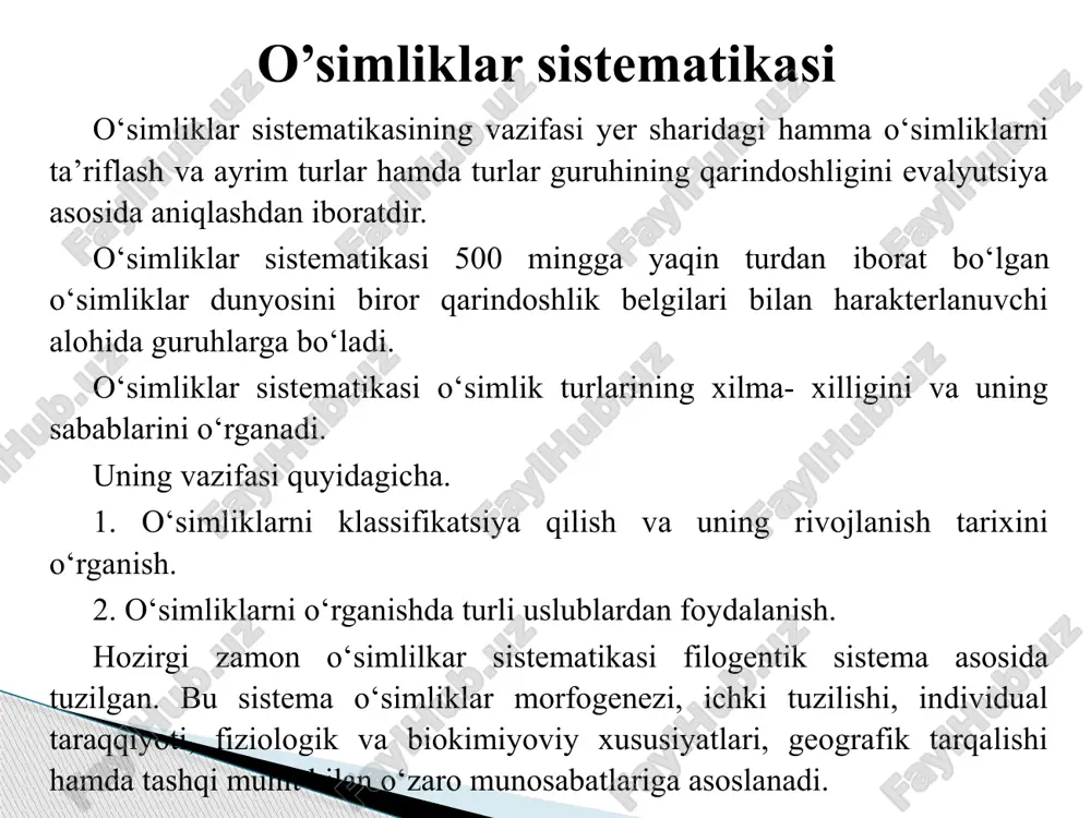iri k.linney (1735) edi. u o‘simliklarni 23 sinfga ajratadi, 24 – chi sinfga suvo‘tlar, zamburug‘lar moxlar va paporotniklarni kiritadi. o‘simliklar sistematikasida tabiiy uslubga tomon keskin burilish fransuz olimi m.andonsonning “o‘simliklar oilalari” (1763-1764) nomli kitobi nashrdan chiqqan keyin sodir bo‘ladi. a.l.jyusening (1788) o‘simliklarni 15 sinfga ajratdi, 100 ta “tabiiy tartiblar” chegarasini xix asrda o.p.dekandol(1813-1819), r.braun (1825), m.a.masimovich (1804-1873), s.endlixer (1836-1840), a.broner (1843)lar fanga ulkan hissa qo’shishdi. o’simliklar sistematikasi hozirgi zamon sistematikasi o‘simliklarni puxta o‘rganish uchun, quyidagi usullardan foydalanadi. 1. o‘simlilkarni paydo bo‘lishini solishtirish (solishtirma- morfologik usul). 2. individual rivojlanishini o‘rganish (ontogenetik usul). 3. o‘tgan geologik davrlarda o‘sgan o‘simliklar to‘g‘risidagi ma’lumotlarni yig‘ish (paleobotanik usul) 4. o‘simlik organizmlarining anotomik tuzilishini o‘rganish (anotomik usul). 5. har bir o‘simlikning tarqalish hududini o‘rganish (geografik usul). bulardan tashqari sistematika fani yana bir qancha boshqa yordamchi usullardan foydalandi. yuqoridagi usullarda o‘rganilgan o‘simliklar turli guruhlarga bo‘linadi, shu guruhlar taksanomik birliklar yoki sistematik birliklar deyiladi. hozir sistematikada 6 ta taksanomik …