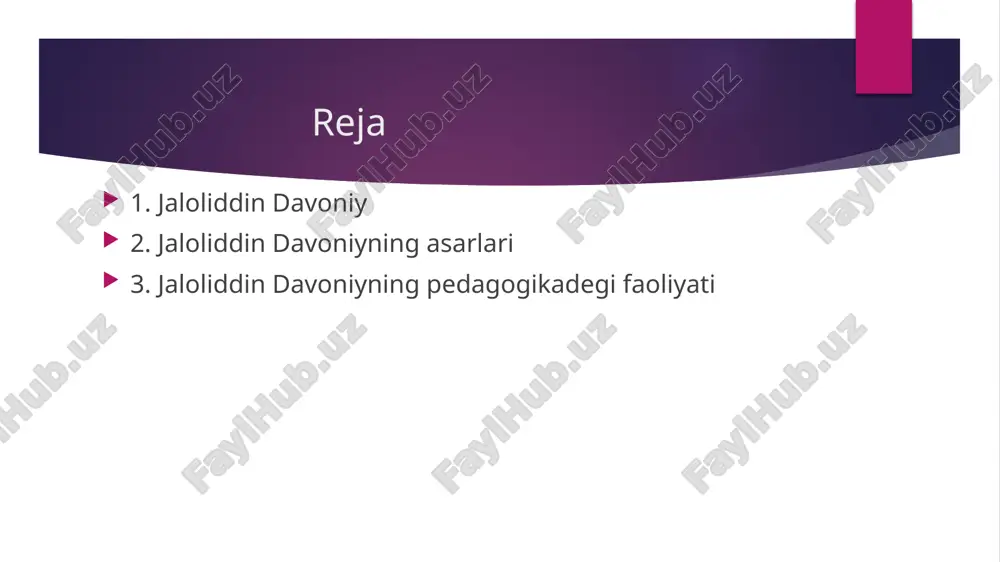 q etganlar. samarqandlik olim abu tohirxo’janing «axloqi muzaffariy», shamsiddin somiyning «qomus ul-allom»asarlarida alloma haqida ma’lumotlar berilgan. lekin h.aliqulov jaloliddindavoniy haqida batafsil ma’lumot ali davoniyning «jaloliddin davoniy» nomlikitobida, a.m.shastrining «islom madaniyati haqida lavhalar» nomli asarida,ingliz tilida chop etilgan «islom qomusi», m.duayt va d.d.donal’dsonlarningkitoblarida ancha batafsil aytib o’tilganini ta’kidlaydi. h.aliqulovning tadqiqotlaridan ma’lum bo’lishicha, davoniydan quyidagiilmiy meros qolgan: «risolai isboti vojib» (zaruriyatning isboti haqida risola),«risolat ul-mufradot» (moddalar haqida risola), «risolat ul-huruf» (harllar haqidarisola), «risolati fi tavjix ul-tashbix» (majoz talqini haqida risola), «tariqati tarbiyat ul-avlod» (bolalarni tarbiyalash usuli), «arznoma» (armiyani boshqarish qoidalari) kabilar shular jumlasidandir. asarlari davoniyning madrasadagi uzoq vaqt mudarrislik faoliyati uning ta’lim-tarbiya to’g’risida o’z qarashlariga ega ekanligini ko’rsatadi. h.aliqulov tadqiqotlarida keltirilishicha, davoniyning hayoti va faoliyati, ilmiypedagogik merosini sharq va g’arb olimlari xondamirning «habib us-siyar» kitobiga tayangan holda tadqiq etganlar. samarqandlik olim abu tohir xo’janing «axlohi muzaffariy», shamsiddin somiyning «qomus ul-allom» asarlarida alloma haqida ma’lumotlar berilgan. lekin h.aliqulov jaloliddin davoniy haqida batafsil ma’lumot …